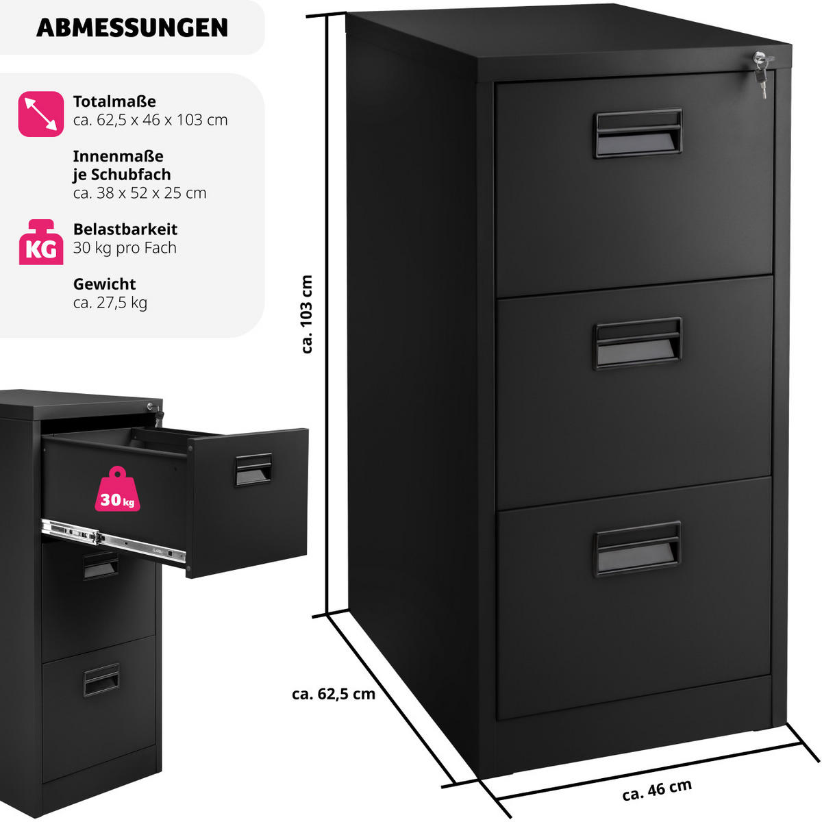 AKTENSCHRANK ,62,4 x 46 x 102,8 cm,schwarz - Schwarz, Metall (46/102.8/62.4cm) - tectake