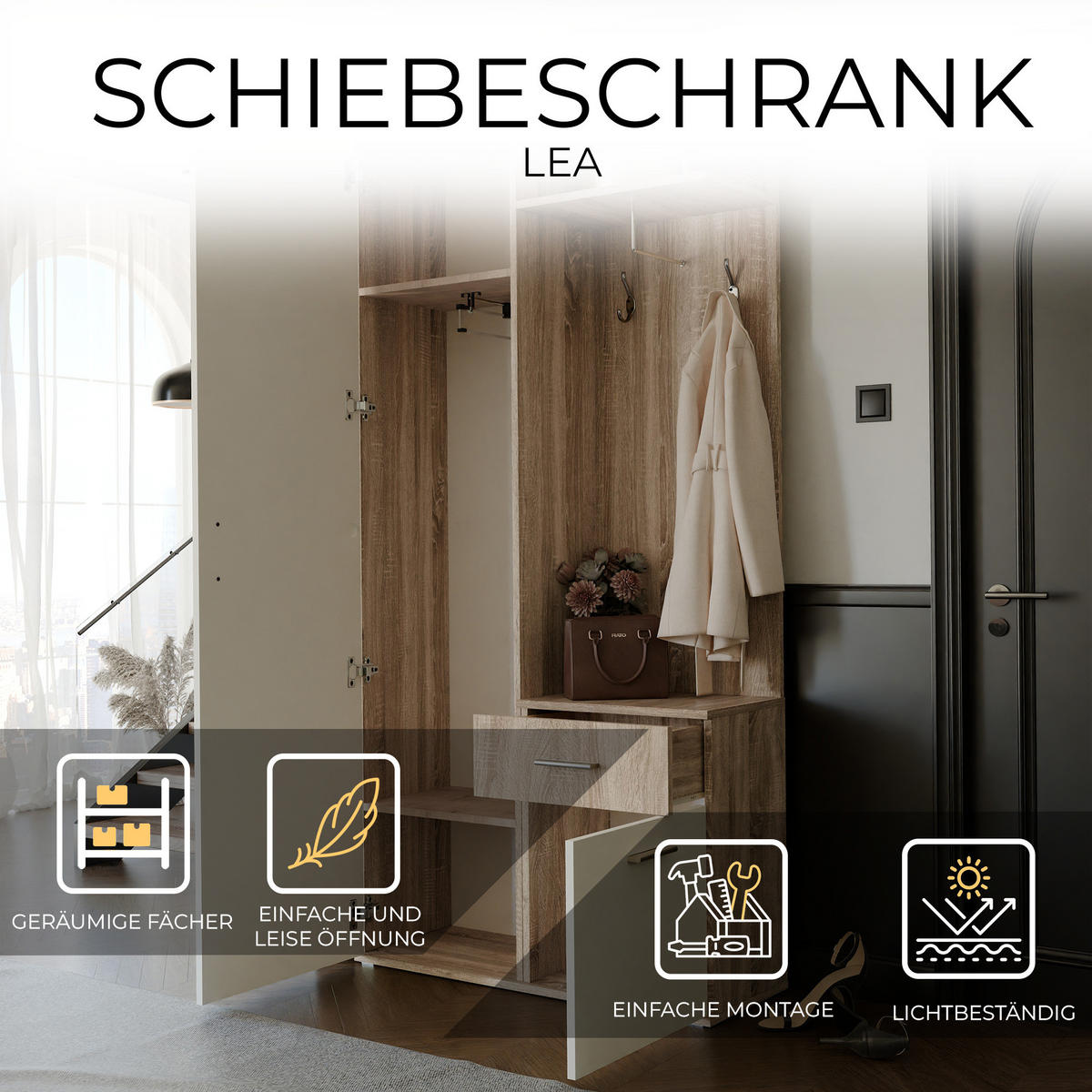 GARDEROBENSCHRANK mit Spiegel-mit Ablagen und Kleiderstange - Braun/Weiß, Holzwerkstoff (97/195/30cm) - Idohome