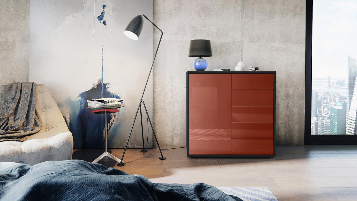 KOMMODE Ben Front in Bordeaux Hochglanz - Bordeaux, Holzwerkstoff (79/74/36cm) - Vladon