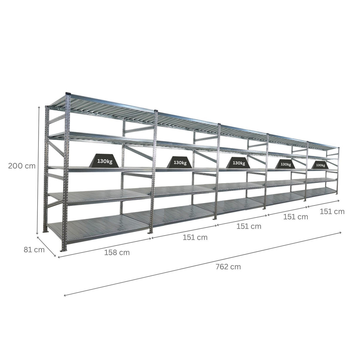 FACHBODENREGAL Proximo 200x750x80cm 5 Ebenen Fachlast 130 kg Beidseitig nutzbar Verzinkt - Silberfarben, Metall (750/200/80cm) - PROREGAL