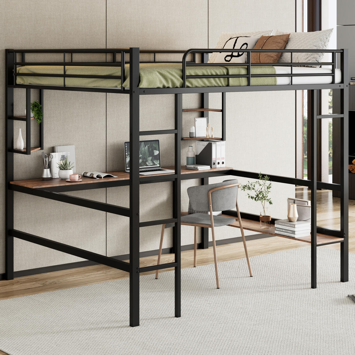 HOCHBETT 140/200 cm aus Metall mit Schreibtisch, 4 Regalen und Bücherregal, Schwarz - Schwarz, Metall (140/200cm) - Redom