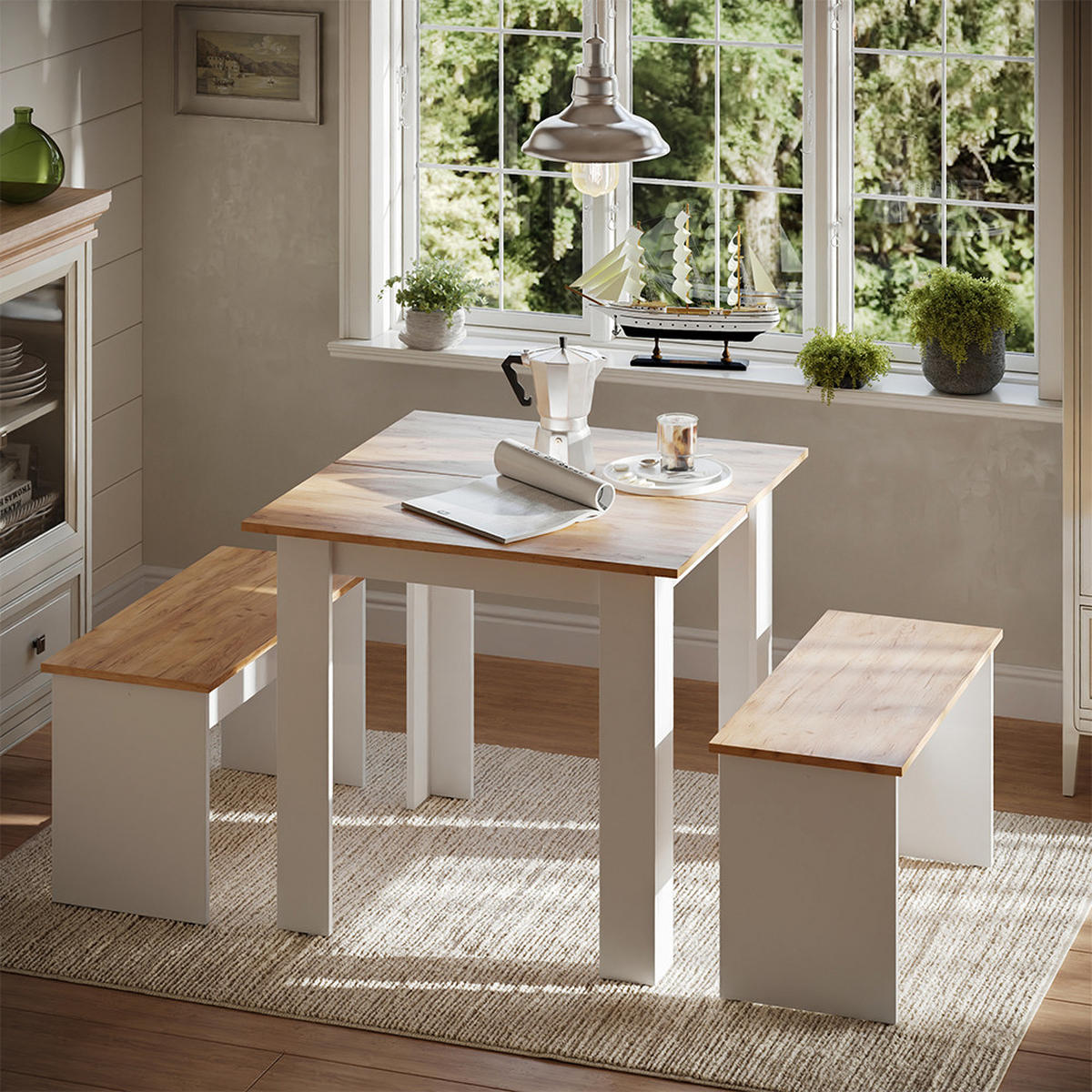 ESSTISCH SET Sentio Weiß/Goldkraft Eiche 80 x 80 cm mit 2 Bänken - Honigeiche/Weiß, Holzwerkstoff (80/73/80cm) - Vicco