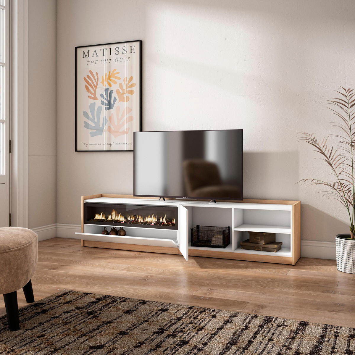 TV-SCHRANK, Lowboard, Weiß und Eiche Soft, Elektrokamin, 207/37/50cm - Weiß, Holzwerkstoff (207/50/37cm) - Skraut Home