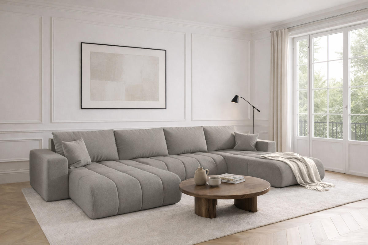 ECKSOFA mit schlaffunktion und bettkasten MILO U PREMIUM, stoff WIND, Sandgrau - Sandfarben, Holz (384/190cm) - Kaiser Möbel