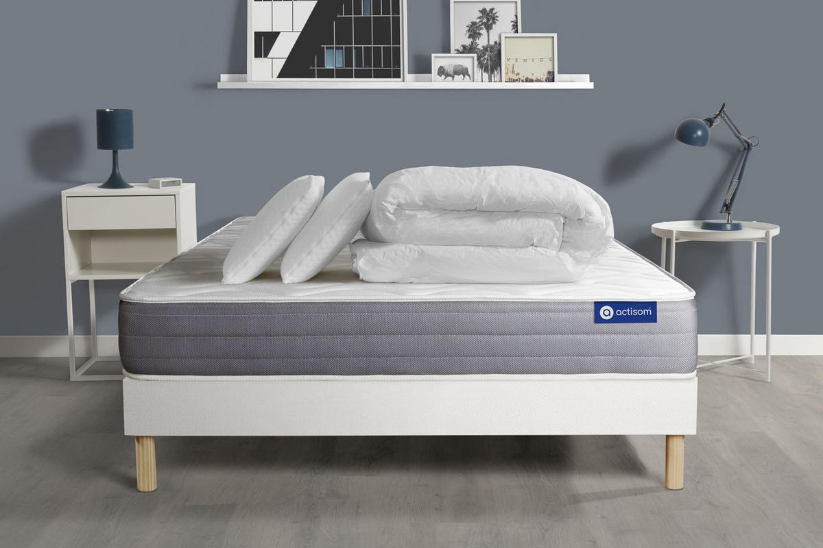 BETT Actiflex dream Taschenfederkern und Memory-Schaum 160 x 200 cm h1 - Kit Bettgestell Weiß - Mit Kissen und Bettdecke - Beige/Weiß, Holz/Textil (160/200cm) - ACTISOM