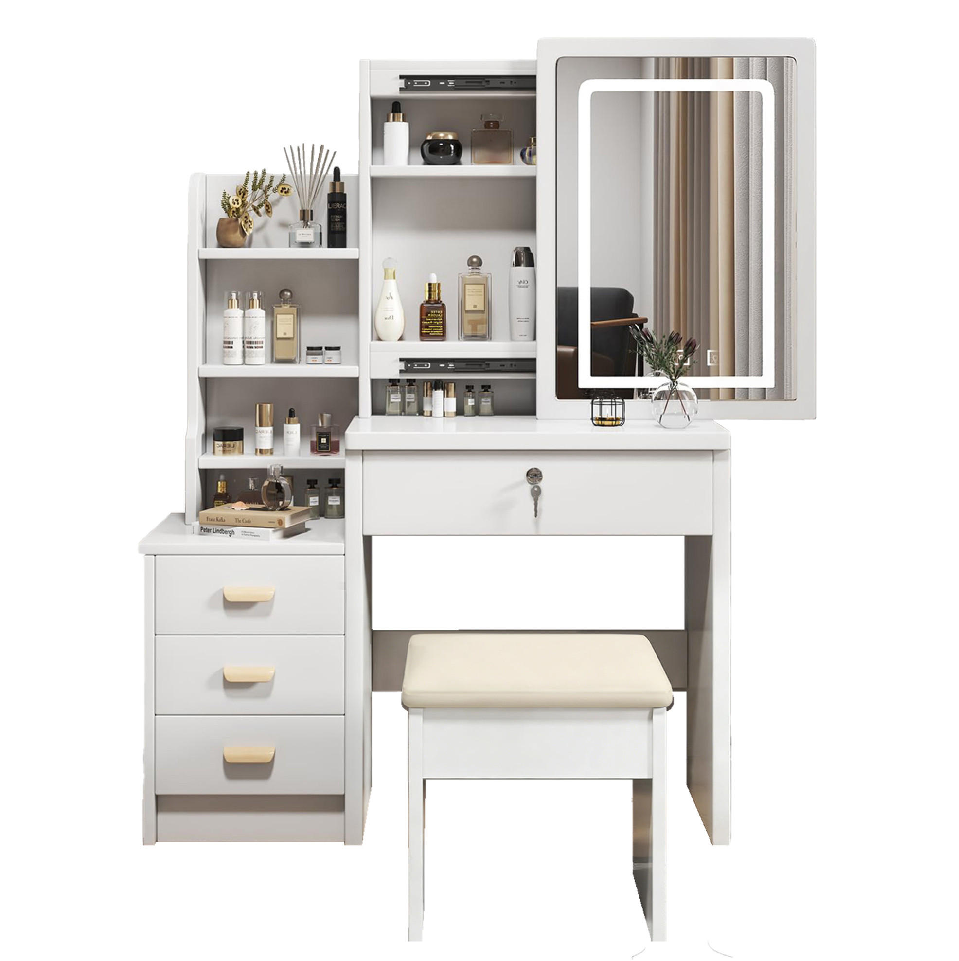 SCHMINKTISCH 85/36/130 cm mit LED-Spiegel, 4 Schubladen, seitlichen Ablagen und Hocker aus MDF, Weiß - Weiß, Holzwerkstoff (85/130/36cm) - Redom