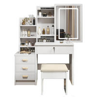 SCHMINKTISCH 85/36/130 cm mit LED-Spiegel, 4 Schubladen, seitlichen Ablagen und Hocker aus MDF, Weiß - Weiß, Holzwerkstoff (85/130/36cm) - Redom