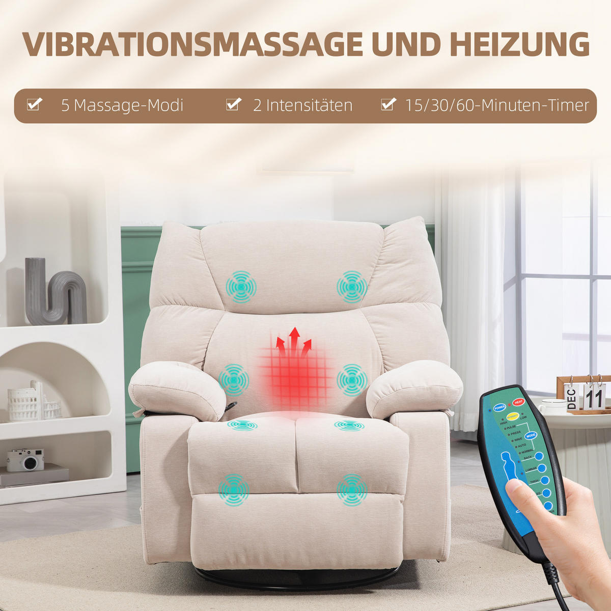 RELAXSESSEL mit Massagefunktion, Elektrisch Fernsehsessel mit Wärmfunktion - Beige/Schwarz, Textil/Metall (90/98/98cm) - HOMCOM