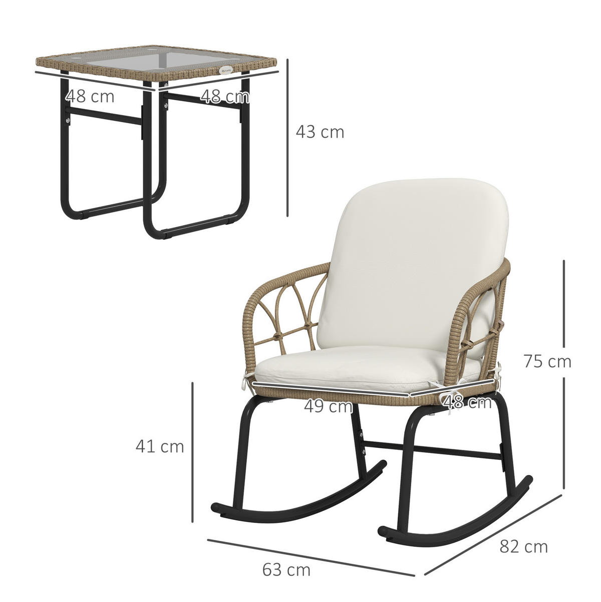 3-TEILIGES Schaukelstuhl-Set mit Tisch Rattan & Glasplatte - Beige, Metall - Modfu