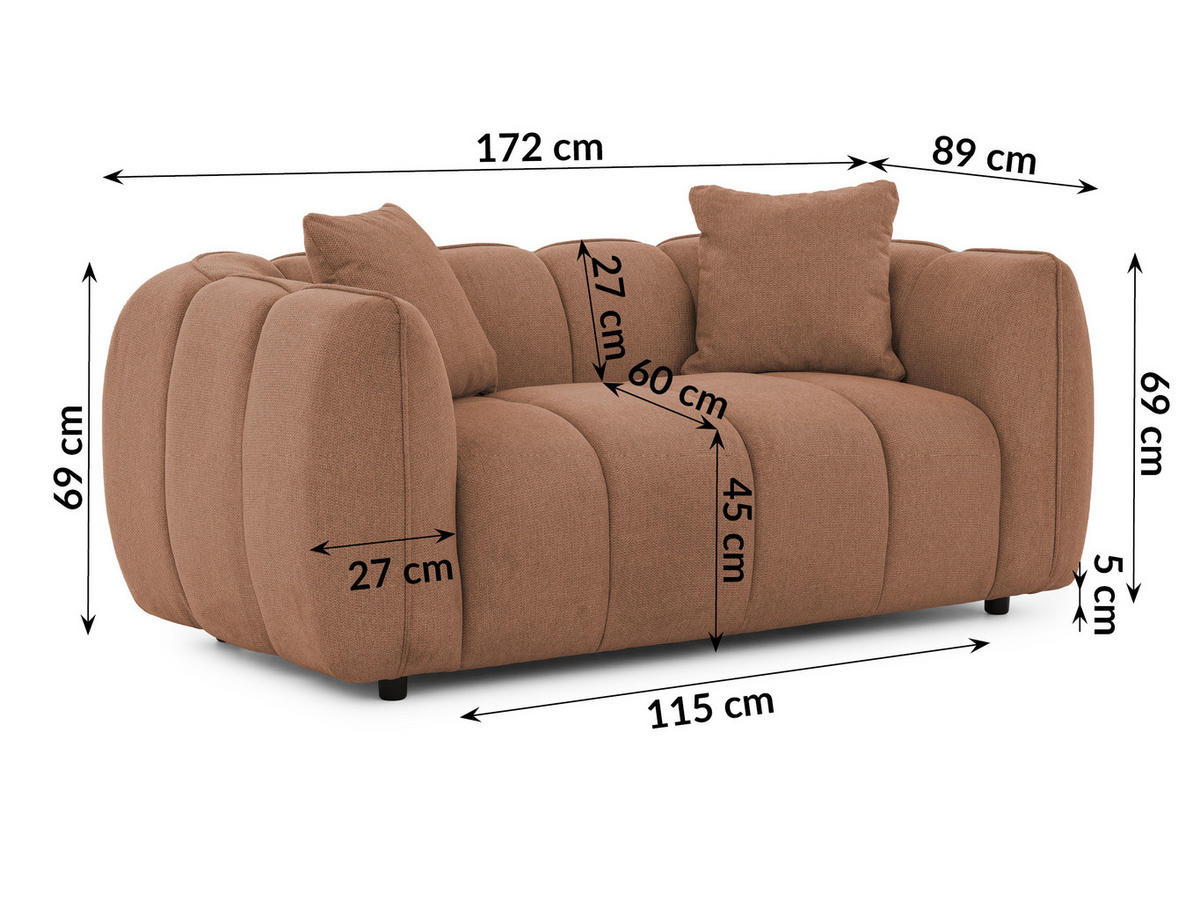 2-SITZER SOFA Nubira in tief gesteppter Bubble-Optik aus weichem Terrakotta Strukturstoff im modernen Design - Terracotta/Schwarz, Holz/Kunststoff (172/69/89cm) - S-Style Möbel