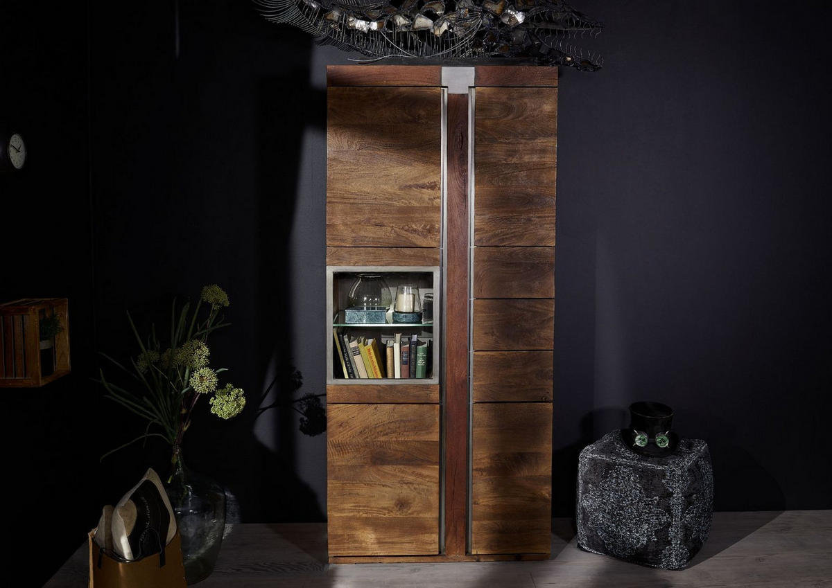 VITRINE Mango 90x45x204 braun lackiert Amsterdam #08 - Braun, Holz (90/204/45cm) - Massivmoebel24
