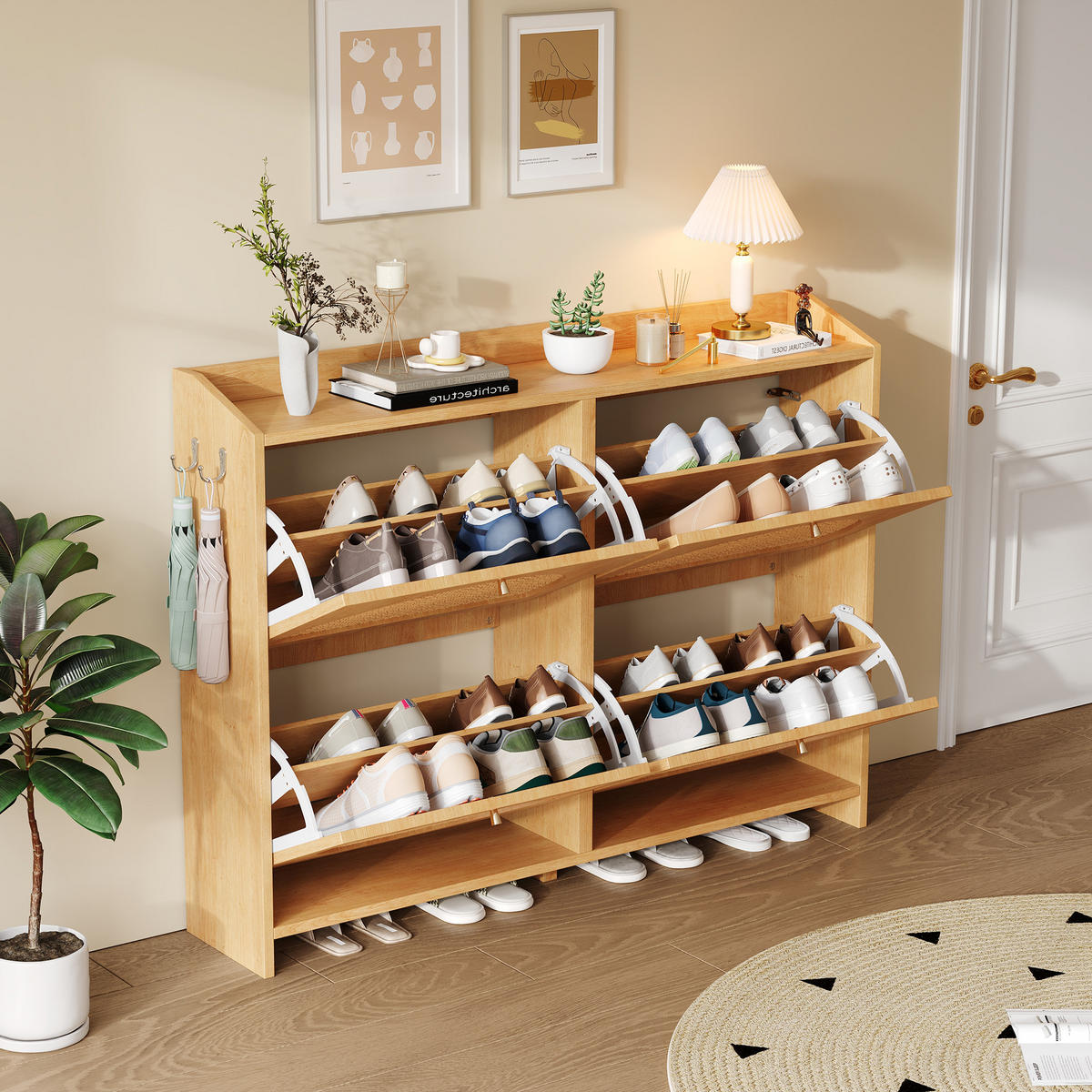 SCHUHSCHRANK 8 Fächer 2 Haken MDF Korbgeflecht Naturholz - Naturfarben, Holzwerkstoff (120/90/24cm) - FLIEKS