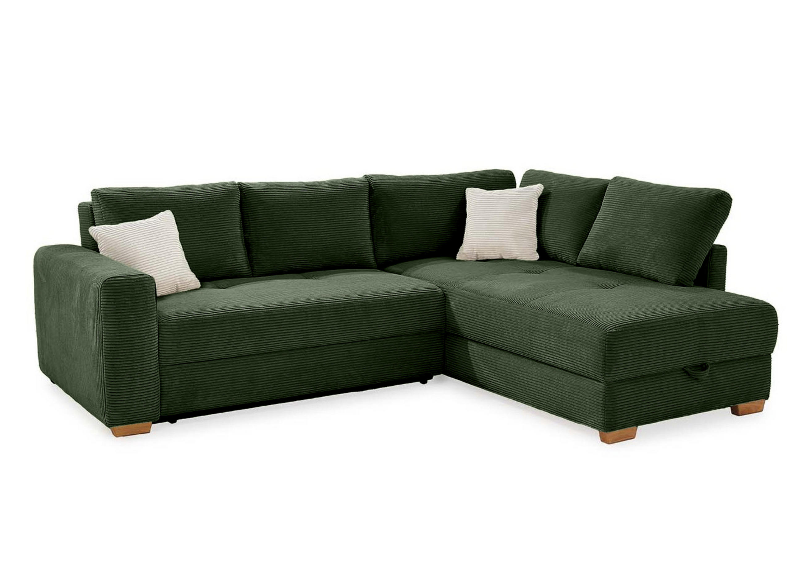 luma-home ROHOVÁ POHOVKA – PRO DLOUHODOBÉ SPÁNÍ: Boxspring, pružinová matrace, topper, úložný prostor, 257 × 206 × 85 cm (Š×H×V), zelený kord / 15213