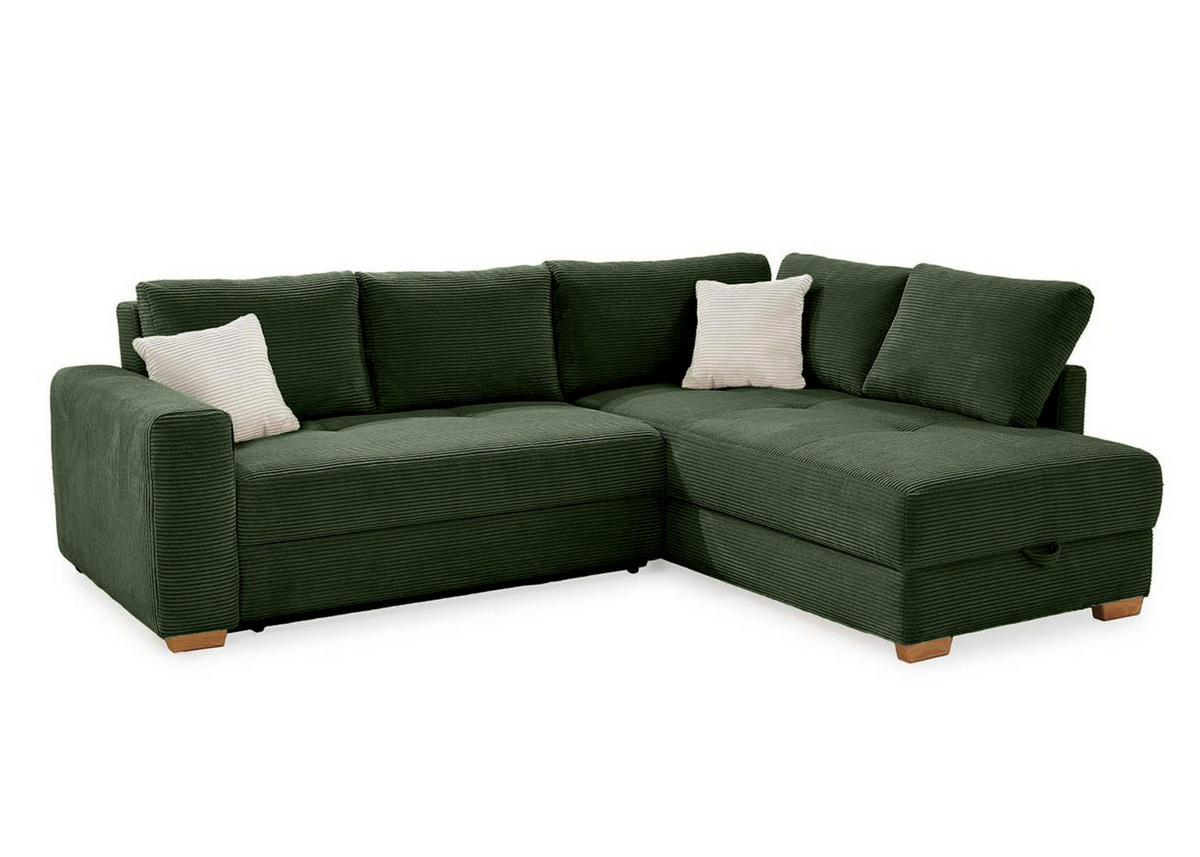 ECKSOFA-DAUERSCHLÄFER Boxspring Federkern Topper Bettkasten, seitenverkehrt montierbar B257/T206/H85 cm, Cord Grün / 15213 - Eichefarben/Grün, Holz/Textil (257/206cm) - luma-home