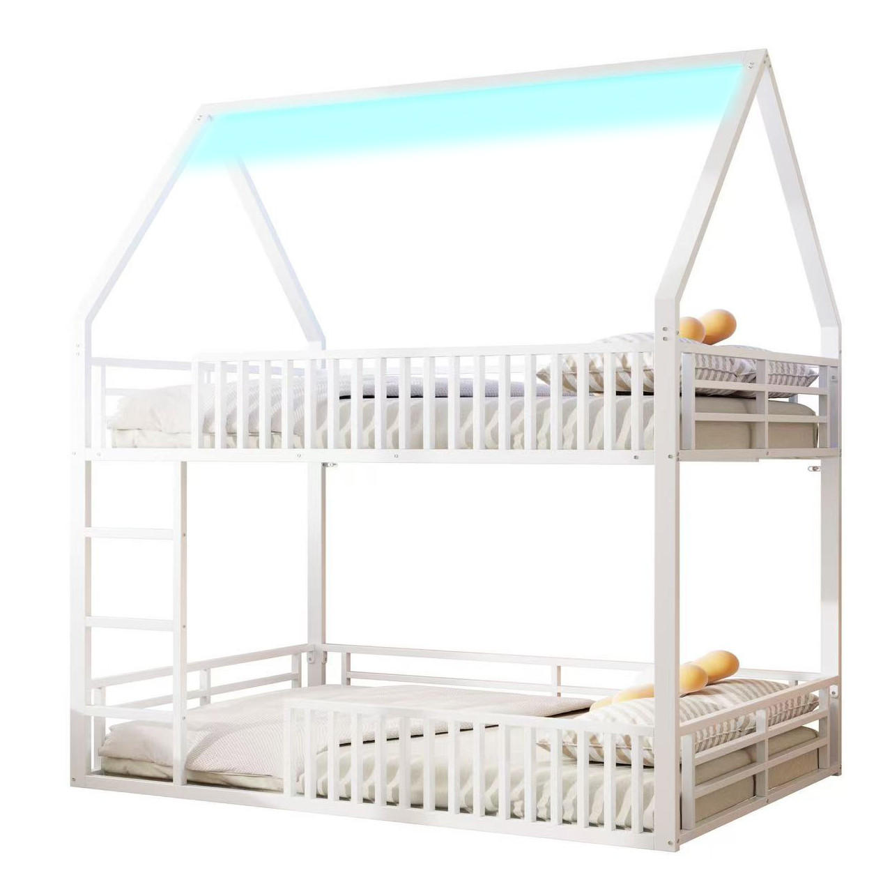 ETAGENBETT in Hausform 140/200 cm, Weiß mit LED und Schutzgeländer - Weiß, Metall (140/200cm) - MIVRAY