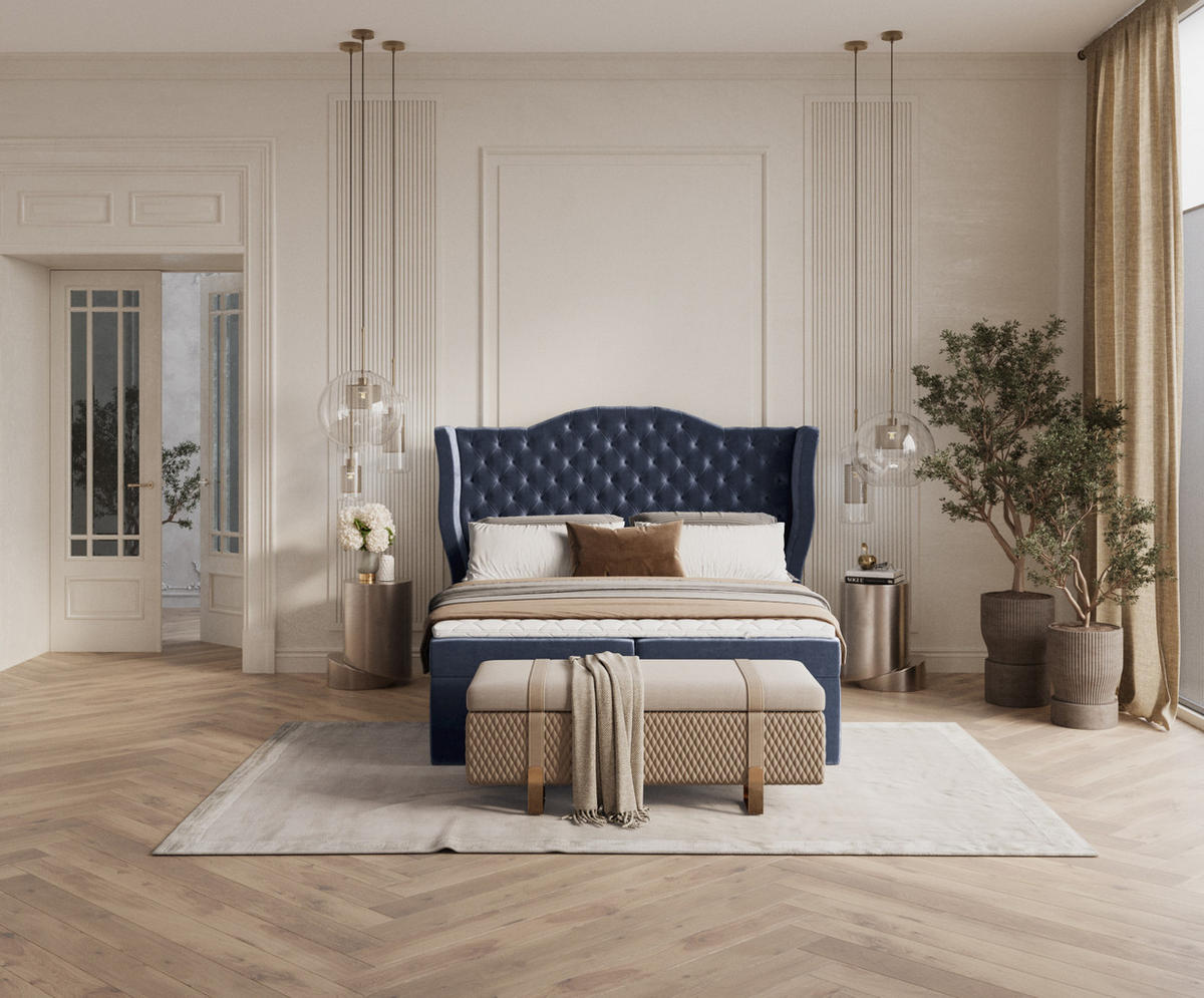 BOXBETT Royal Marineblau 140/200 cm im Chenille-Stoff - Schwarz/Dunkelblau, Holz/Holzwerkstoff (140/200cm) - Maison de Reve