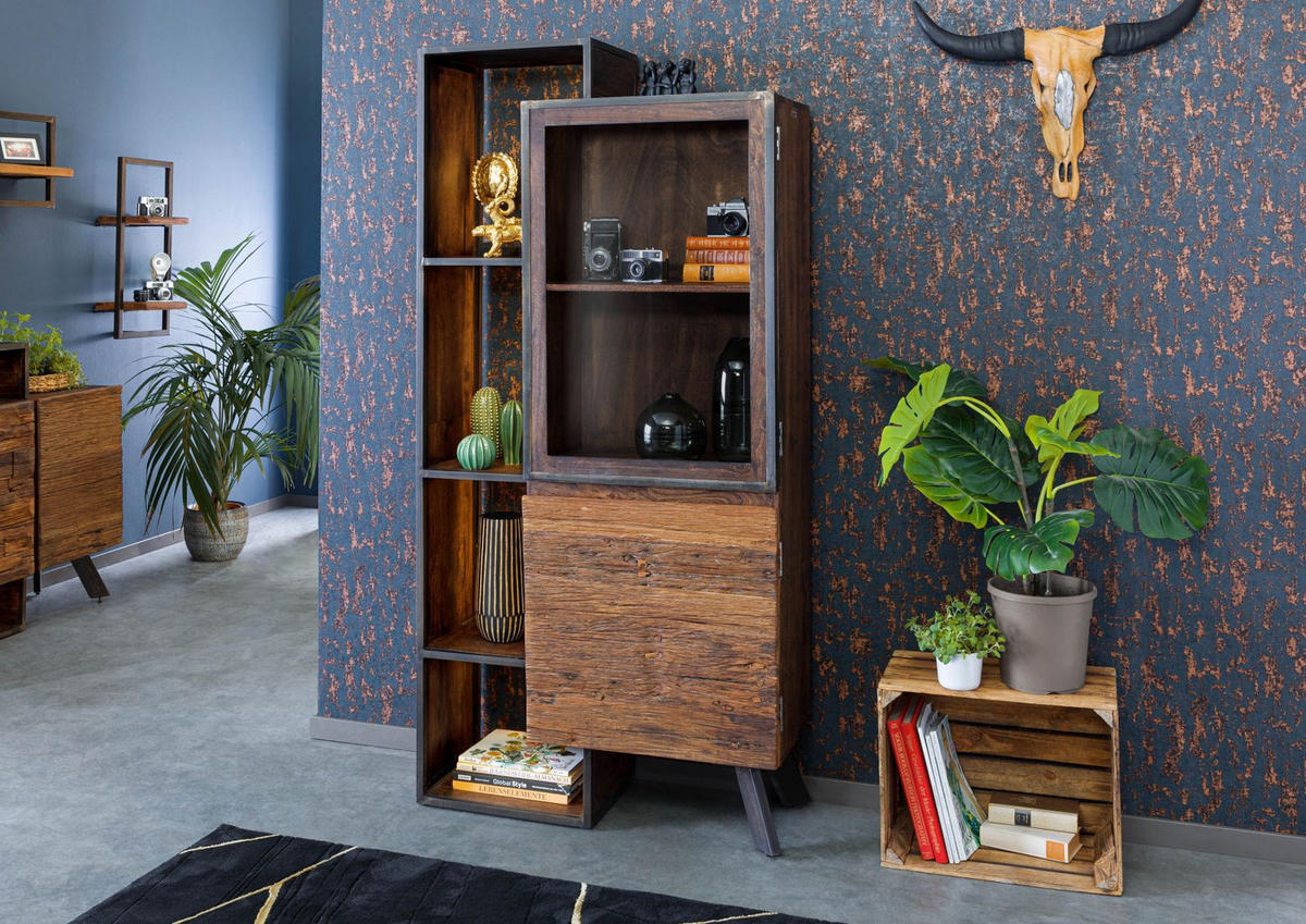 VITRINE Akazie / Altholz 90x40x183 braun lackiert SEVILLA #03 - Braun, Holzwerkstoff (90/183/40cm) - Massivmoebel24