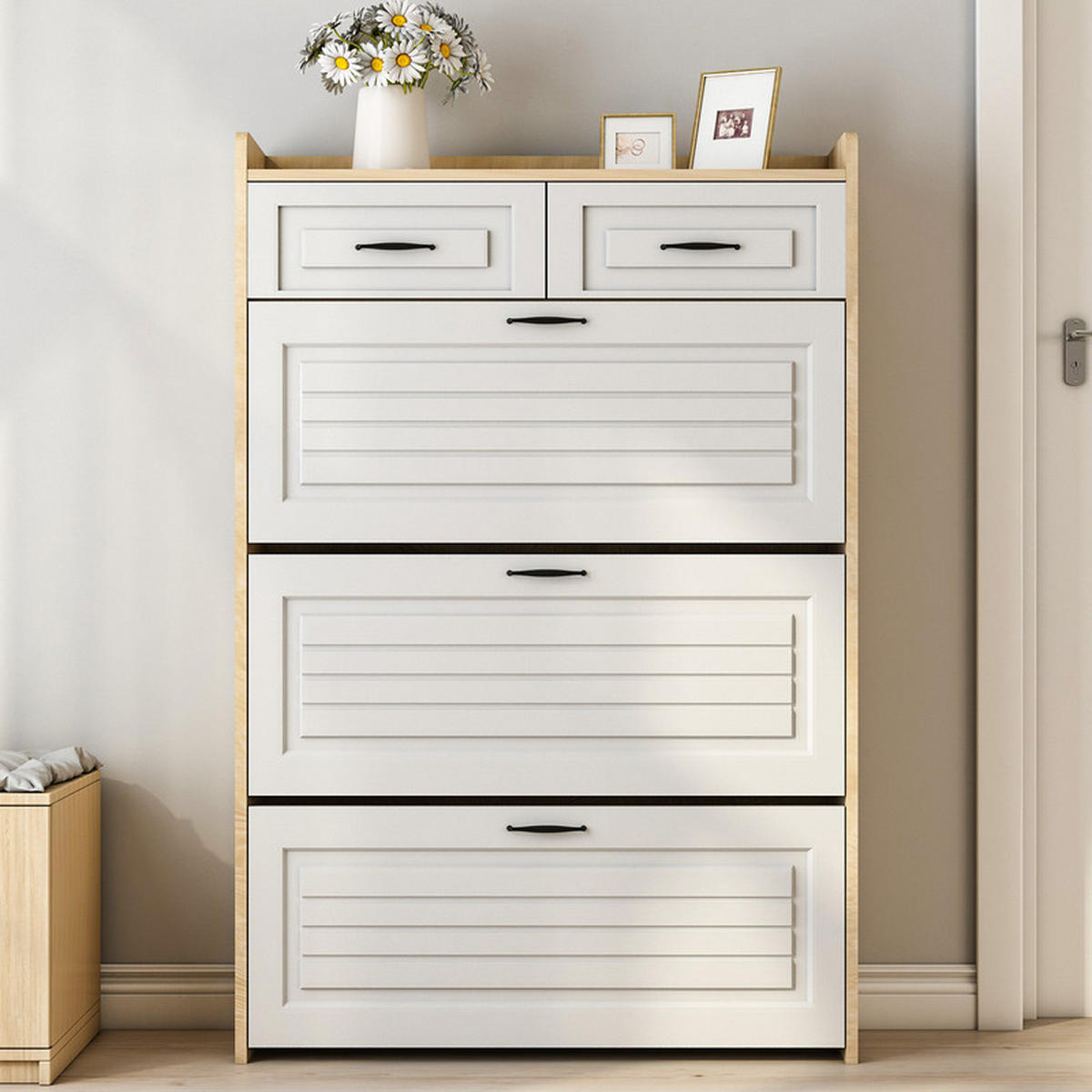 DREHBARES SCHUHSCHRANK 3 Klapptüren 2 Schubladen - Weiß, Holzwerkstoff (23.5/131/80cm) - Bomclap