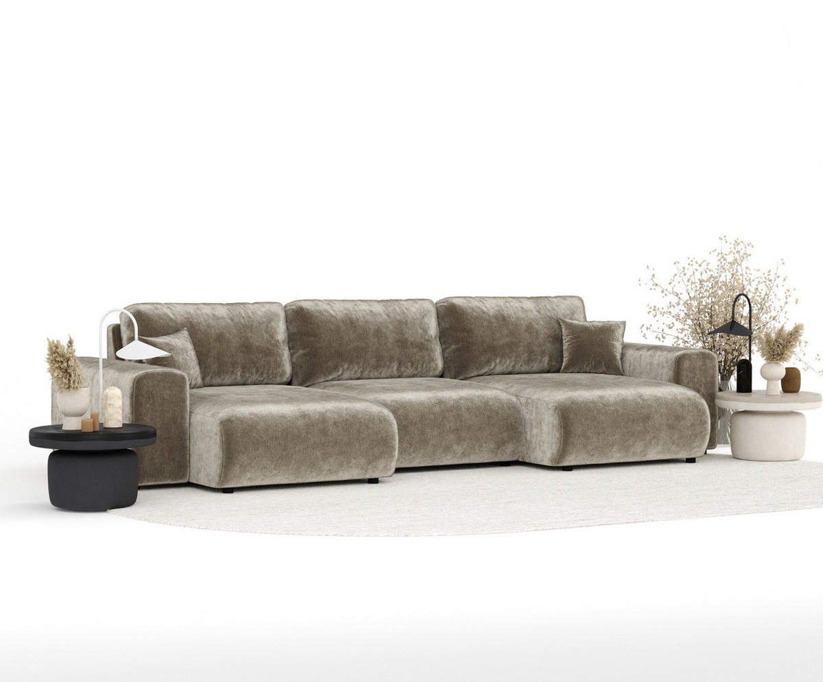 PANORAMASOFA Zanzibar Beige Chenille - Beige/Schwarz, Holz/Holzwerkstoff (325/79/144cm) - Maison de Reve