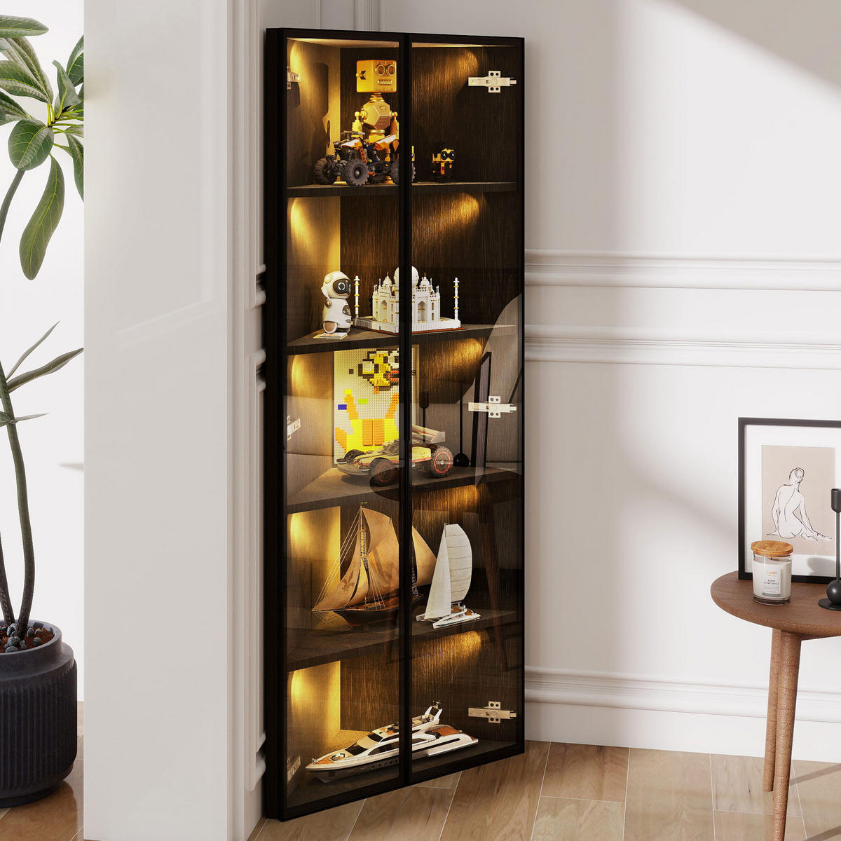 ROHOVÁ vitrína z MDF a skla 62x35x160 cm černá s LED osvětlením a tichým dovíráním dveří - černá, kompozitní dřevo (62/160/35cm) - Modfu