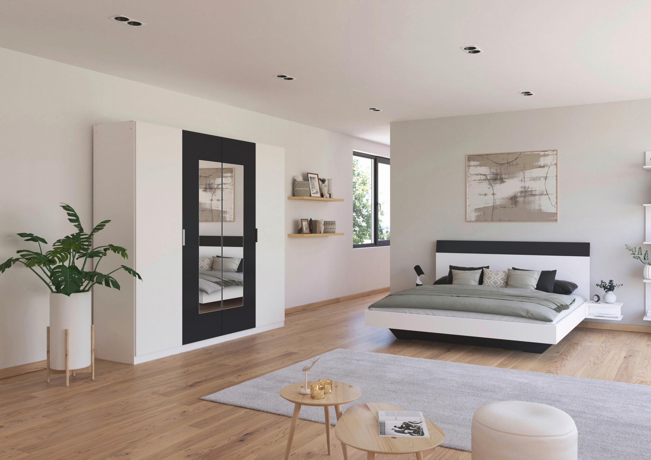 SCHLAFZIMMER Monza in Weiß und Grau Metallic mit Bettanlage 180x200cm, 2 Nachttischen und Drehtürenkleiderschrank 4türig mit Spiegel - Weiß, Holzwerkstoff (80/200/120cm)