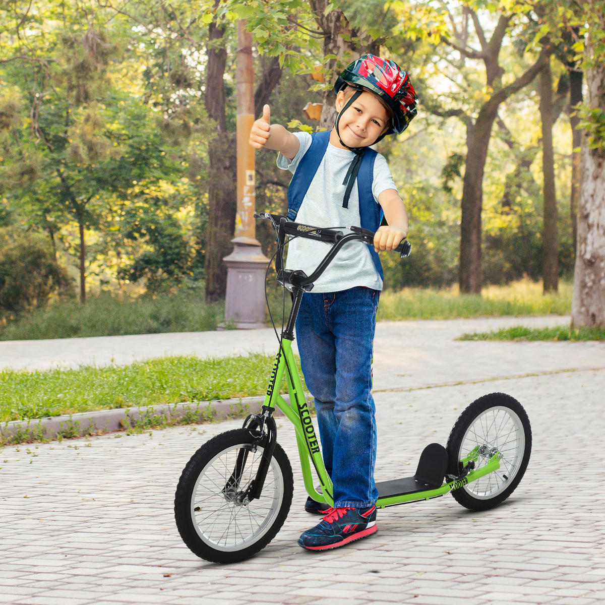 KINDERROLLER, Hellblau/Schwarz/Weiß/Grün, Stahl+ Aluminium - Grün, Metall (139/58/96cm) - HOMCOM