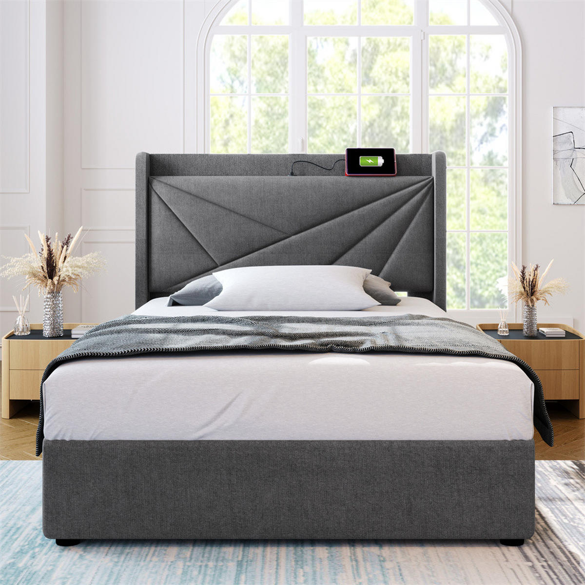 POLSTERBETT 90/200cm in Grau Leinen mit USB Typ C Ladefunktion Kopfteil - Grau, Holz/Textil (90/200cm) - KOMHTOM