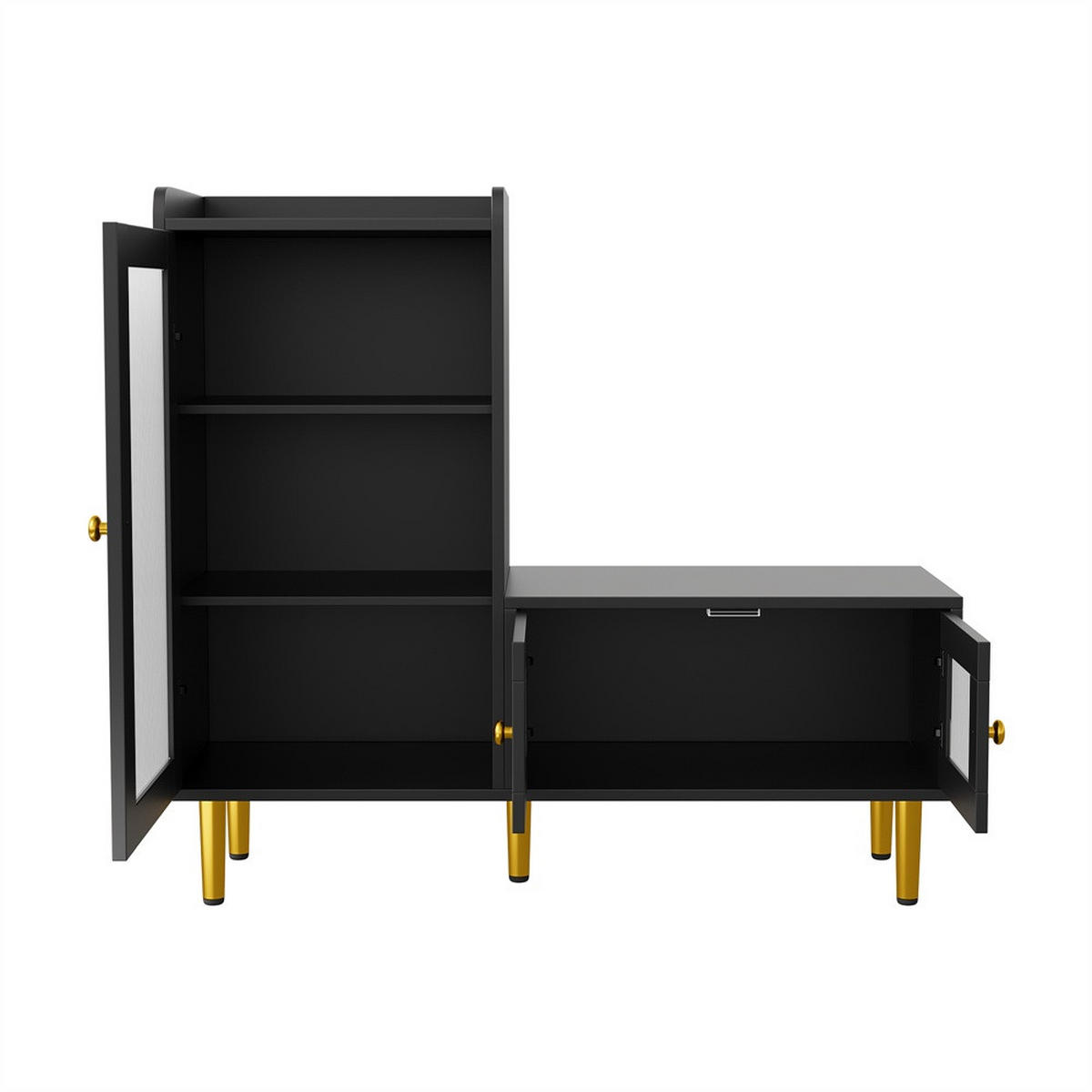 SCHUHSCHRANK mit integrierter Sitzbank - Mehrzweck-Schuhschrank mit geriffelten Glastüren und Sitzkissen - Schwarz und Gold - Schwarz, Holzwerkstoff (35/69.5/100cm) - DELFA