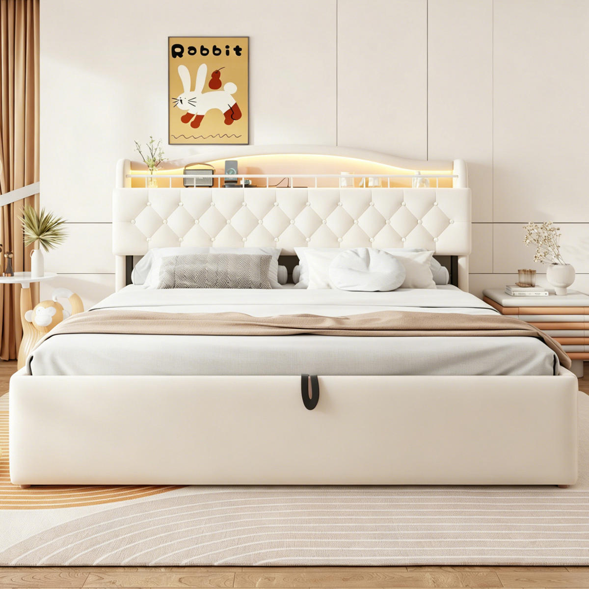 POLSTERBETT 180/200 cm in Beige mit Bettkasten, LED, USB und USB-C Samt - Beige, Holzwerkstoff/Textil (180/200cm) - STILVORA
