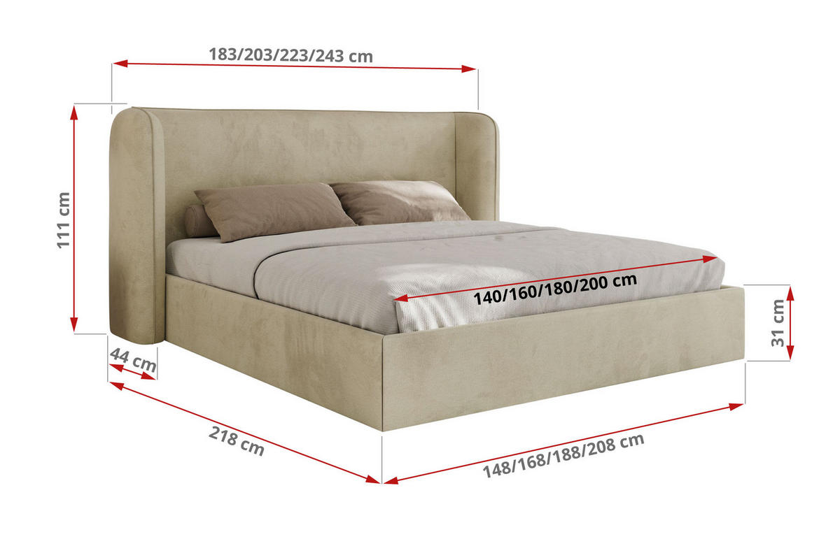 POLSTERBETT EMORA CLASSIC 160/200 - Beige Velvet - Multipocket-Matratze - Beige, Textil (160/200cm) - MKS