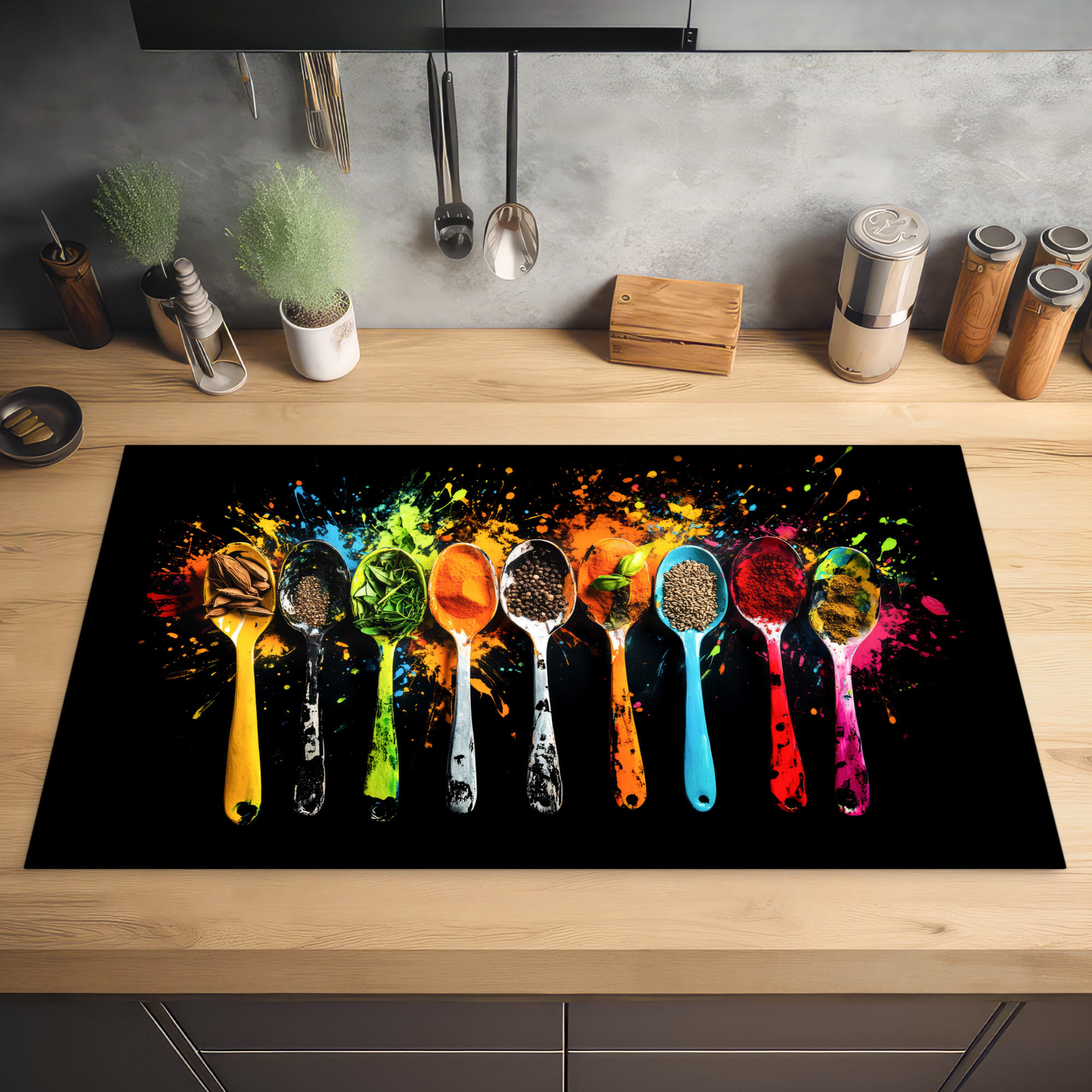 HERDABDECKPLATTE Löffel - Gewürze - Modern - Graffiti - Farbe - Farbenfroh 90x52 cm - Multicolor, Kunststoff (90/0.2/52cm) - MuchoWow