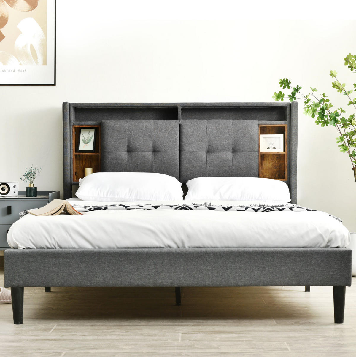 POLSTERBETT aus Massivholz 160x200 cm in Grau mit Matratze & LED - Grau, Holz (160/200cm) - Modfu