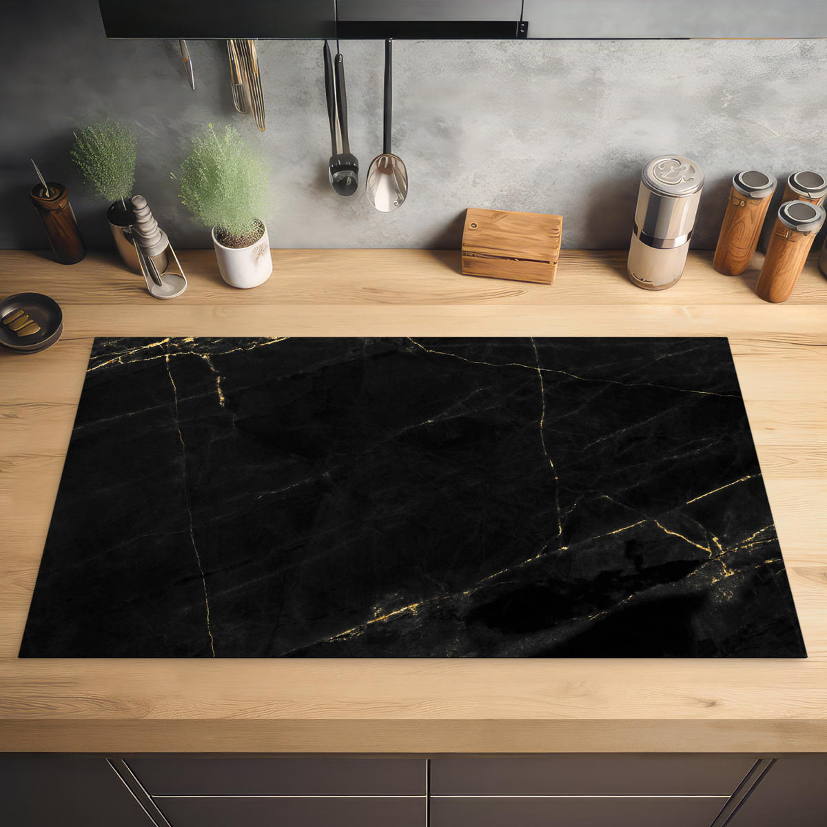 HERDABDECKPLATTE Marmor - Schwarz - Gold - Chic - Marmoroptik - Design Ceranfeldabdeckung 90x52 cm - Schwarz, Kunststoff (90/52/0.2cm) - MuchoWow