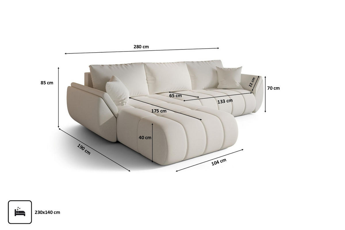 ECKSOFA TOKYO PREMIUM mit Schlaffunktion, Stoff WIND, Ecru, Links - Ecru, Holz (280/190cm) - Kaiser Möbel