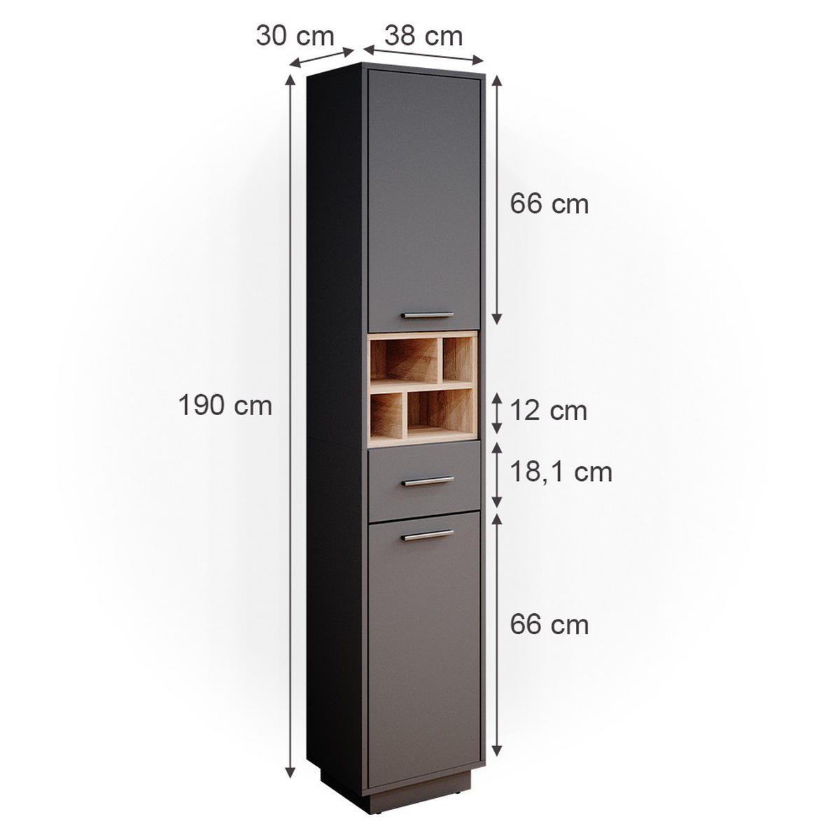 BADSCHRANK Beatrice Anthrazit 38 x 190 cm - Anthrazit, Holzwerkstoff (38/190/30cm) - Vicco