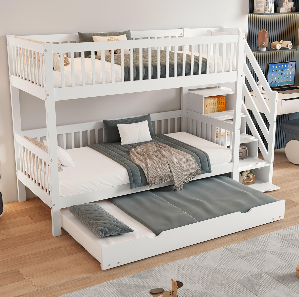 ETAGENBETT 90/200 cm in Weiß mit Rollbett und Leiterschrank - Weiß, Holz (90/200cm) - Flora Grace