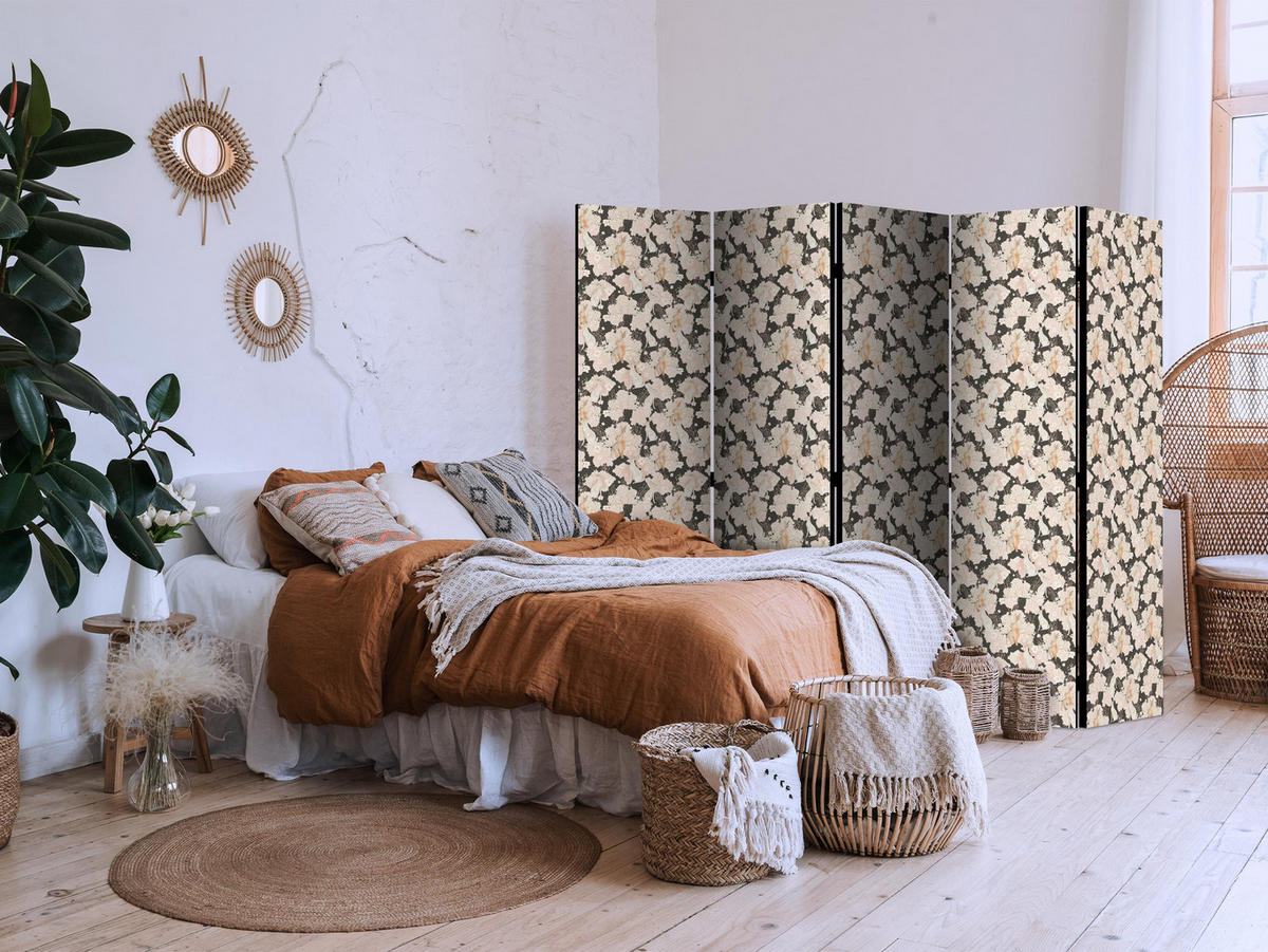 PARAVÁN Obojstranný 5-dielny 225x172 cm Boho Kvety a Zajace - krémová, drevo/textil (225/172/3cm) - Muralo