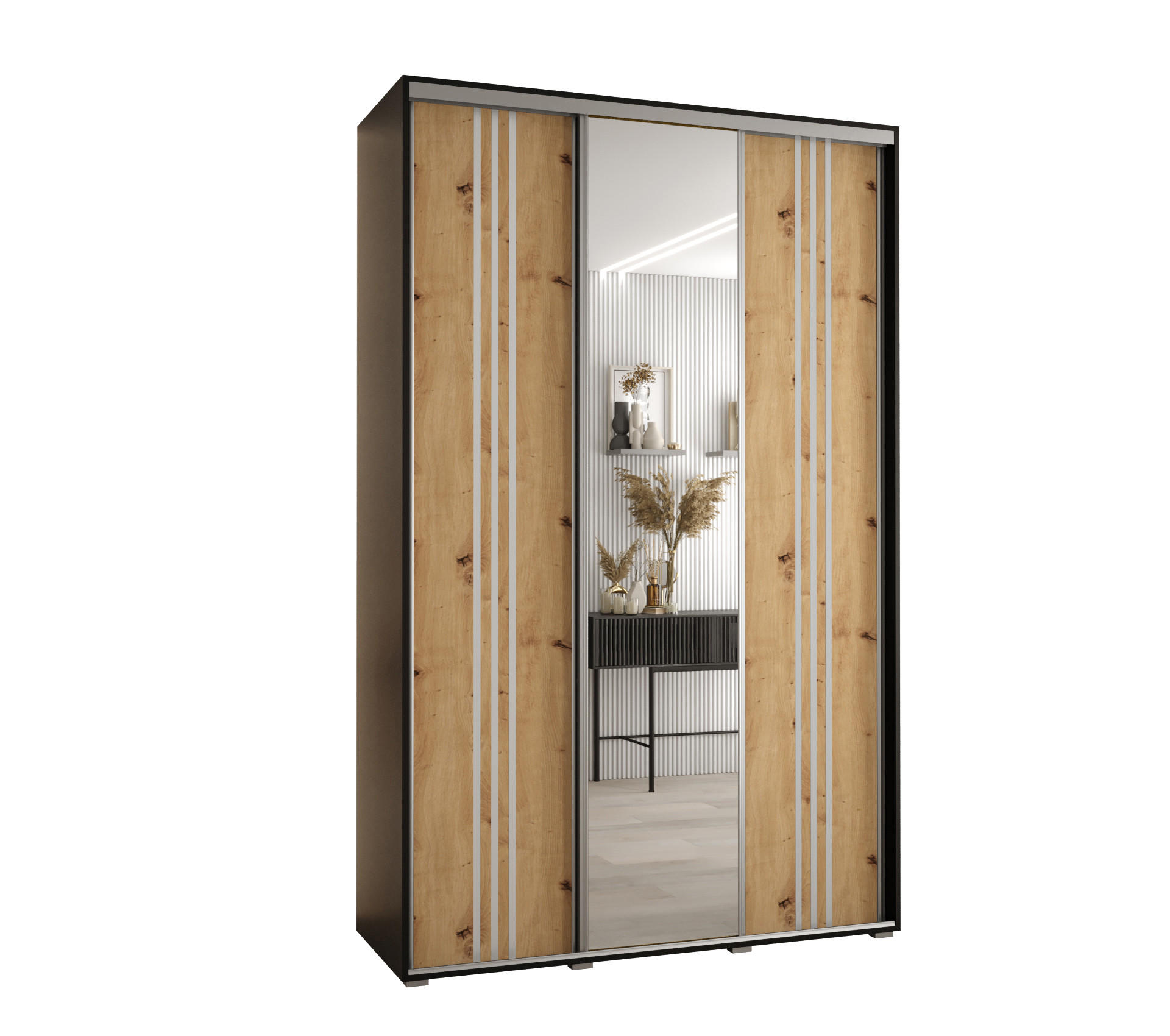 Abiks Möbel Schwebetürenschrank Schwarz, Eiche Artisan, Silber 150x235x45 cm