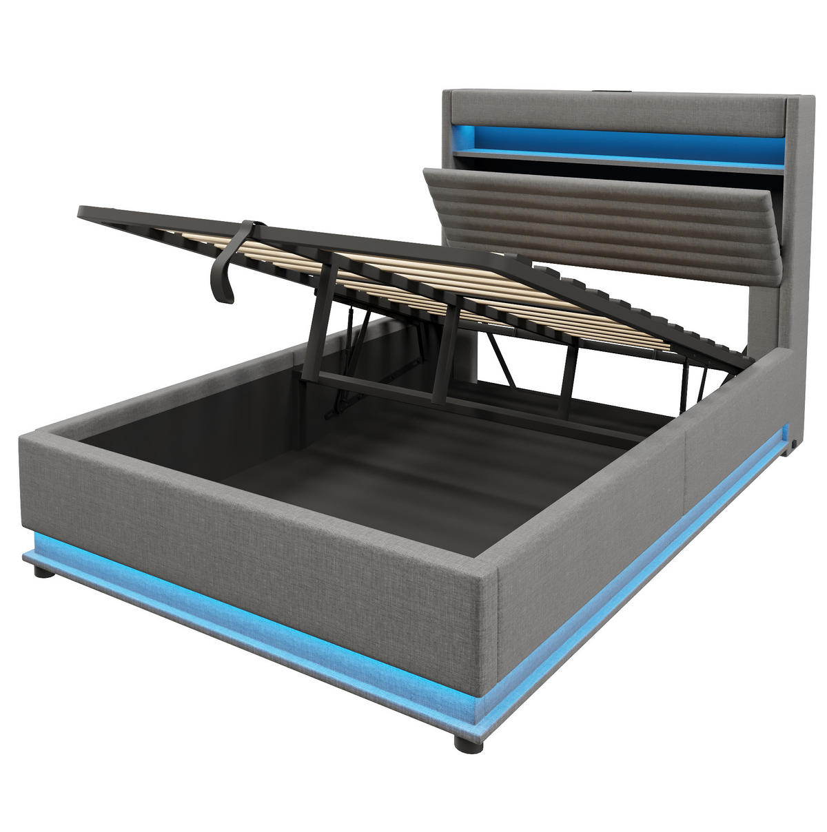 POLSTERBETT 140/200 cm Grau mit LED-Beleuchtung, USB- und Typ-C-Anschluss, hydraulischem Stauraum aus Leinen - Grau, Textil (140/200cm) - OKMYHOME