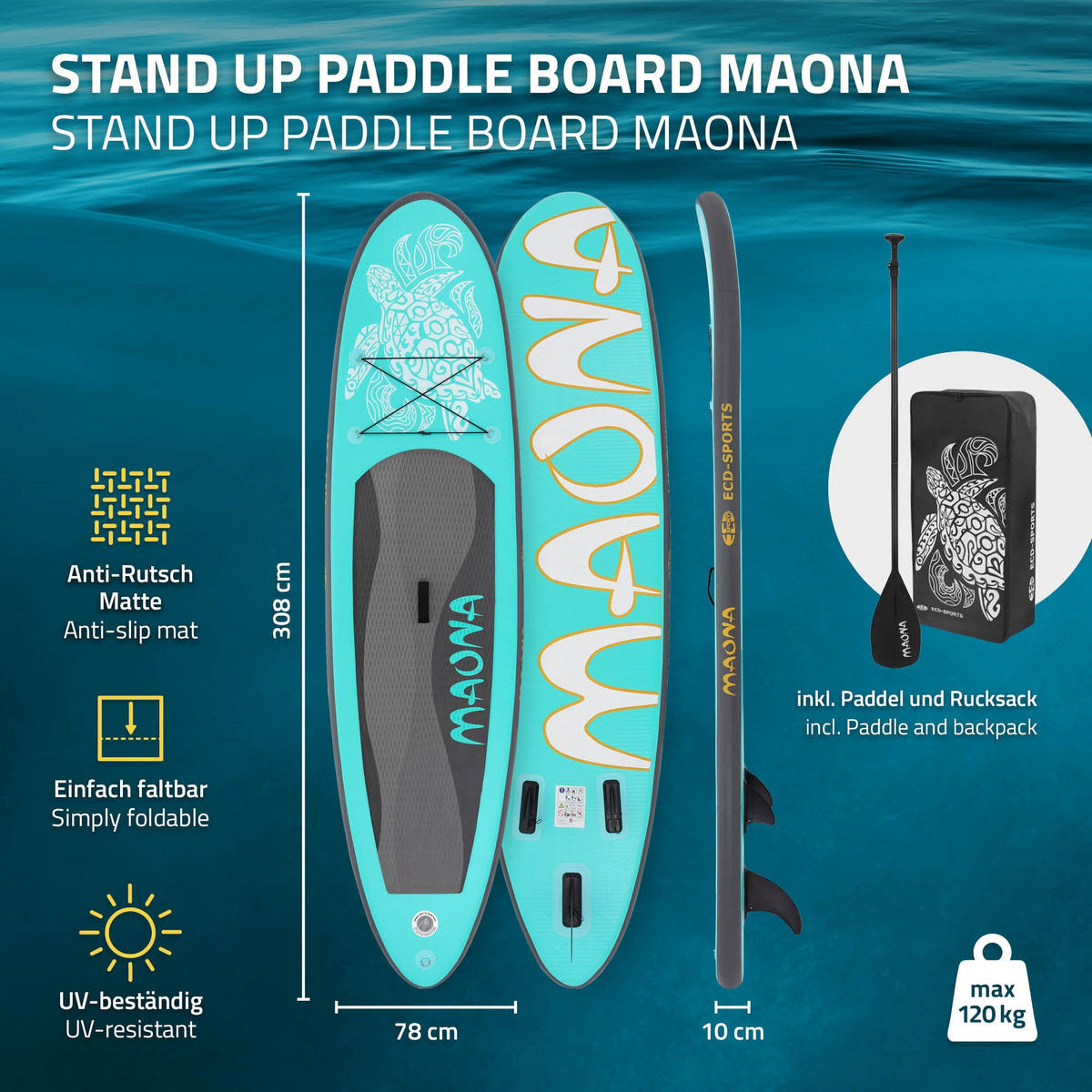 STAND UP PADDLE BOARD Maona Türkis - Blau, Kunststoff (308/78/10cm) - ECD-Germany