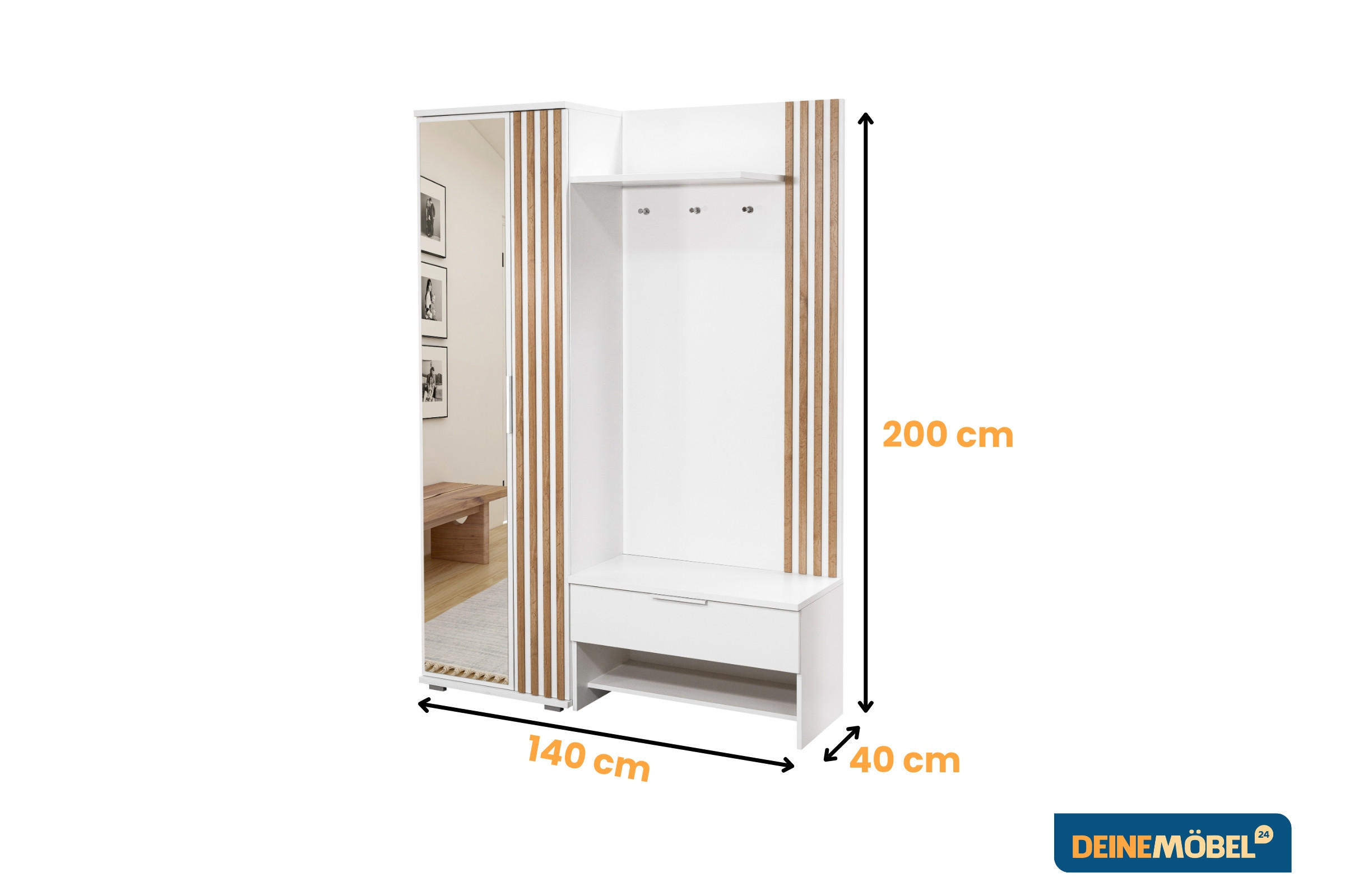 GARDEROBE MILANO 140/200 in Weiß matt mit Lamellen - Eichefarben/Weiß, Holzwerkstoff (140/200/40cm) - Deine Möbel 24