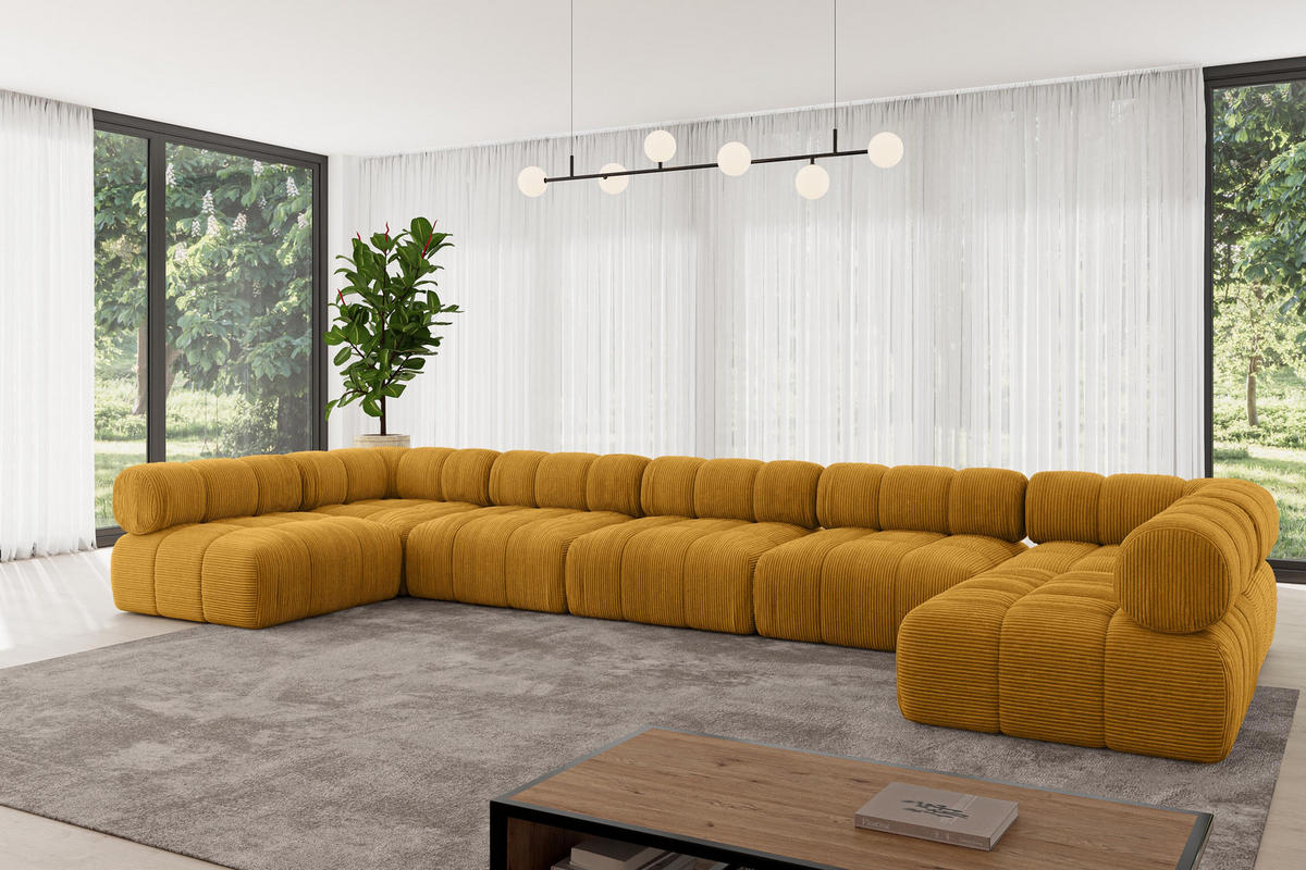 WOHNLANDSCHAFT modulares Sofa Garvo-U3 - 475x190x70 cm Senfgelb Cord - Currygelb, Holzwerkstoff/Textil (475/70/190cm) - ALTDECOR