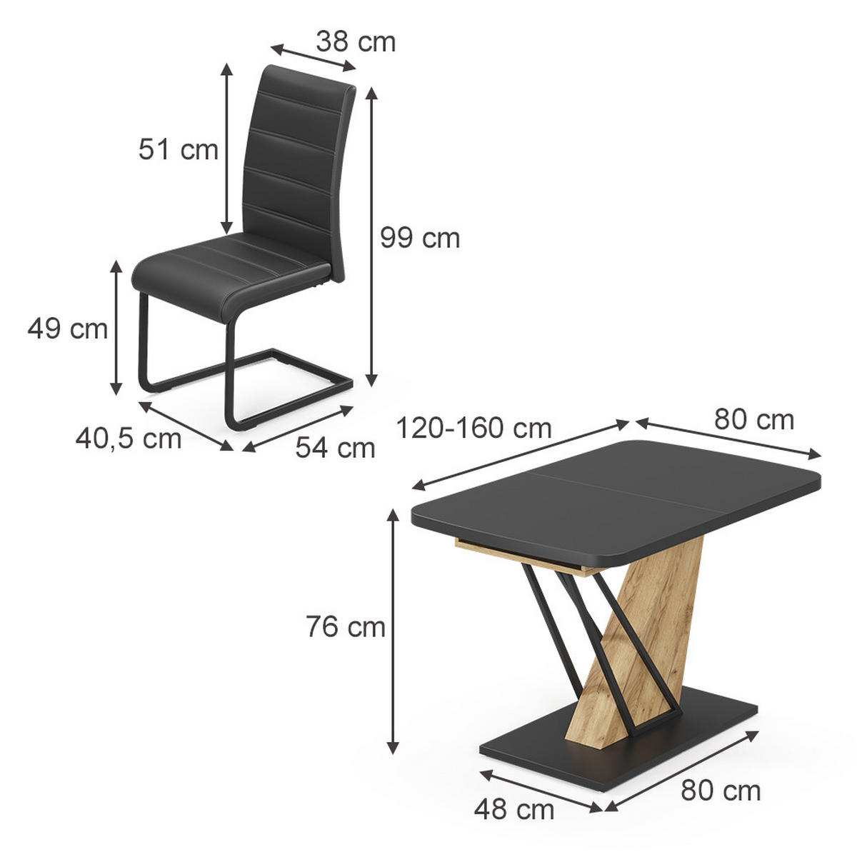 SÚPRAVA JEDÁLENSKÉHO STOLA Fenaro, čierna/Dub Goldkraft, 120 x 80 cm so 4 jedálenskými stoličkami, čierne - čierna/dub medový, kompozitné drevo (120/76/80cm) - Vicco
