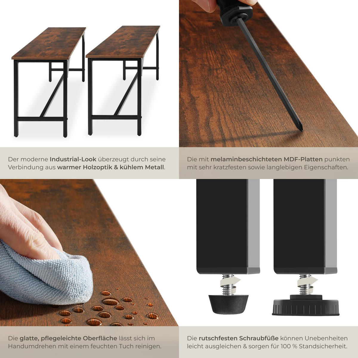 SITZGRUPPE Bolton, mit höhenverstellbaren Kunststofffüßen, Industrial Holz dunkel, rustikal - Rostfarben, Holz (130/75/100cm) - tectake