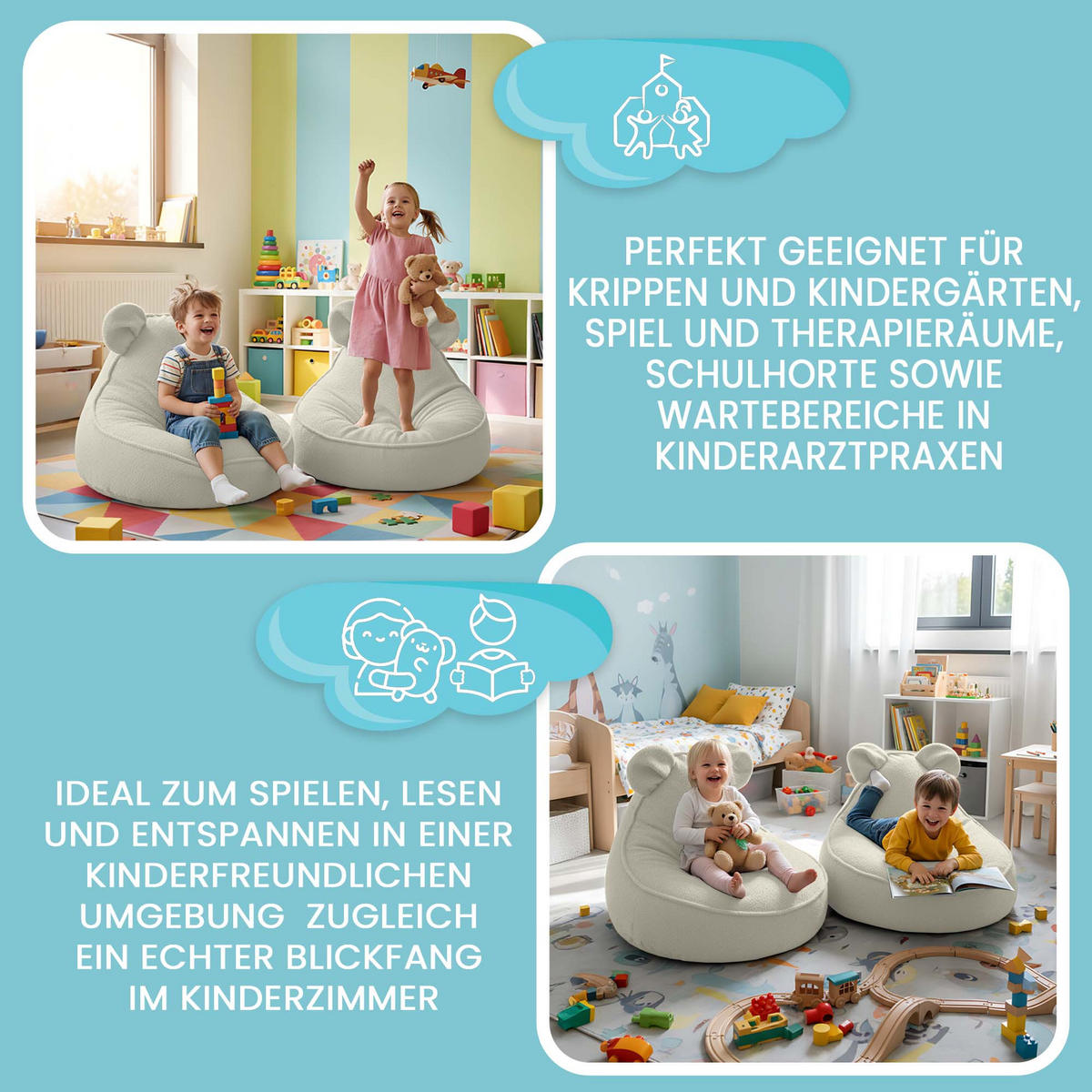 SITZSACK FÜR KINDER Maus 75/75/55 cm, weicher Bouclé 315 g/m², abnehmbarer Bezug, Lamb Cloud - Creme, Textil (75/55/75cm) - Dreamroots