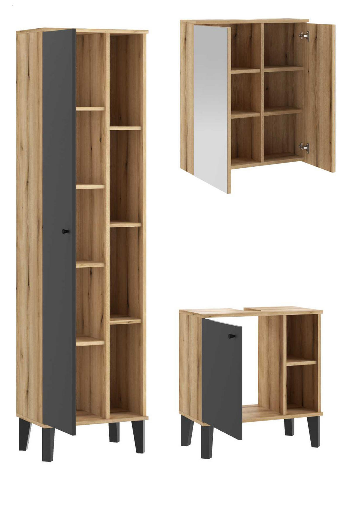 BADMÖBEL-SET 3-teilig grau, Evoke Eiche, Badkombination 121 x 190 cm - Eichefarben/Grau, Glas/Holzwerkstoff (121/190/33cm) - Furn.Design