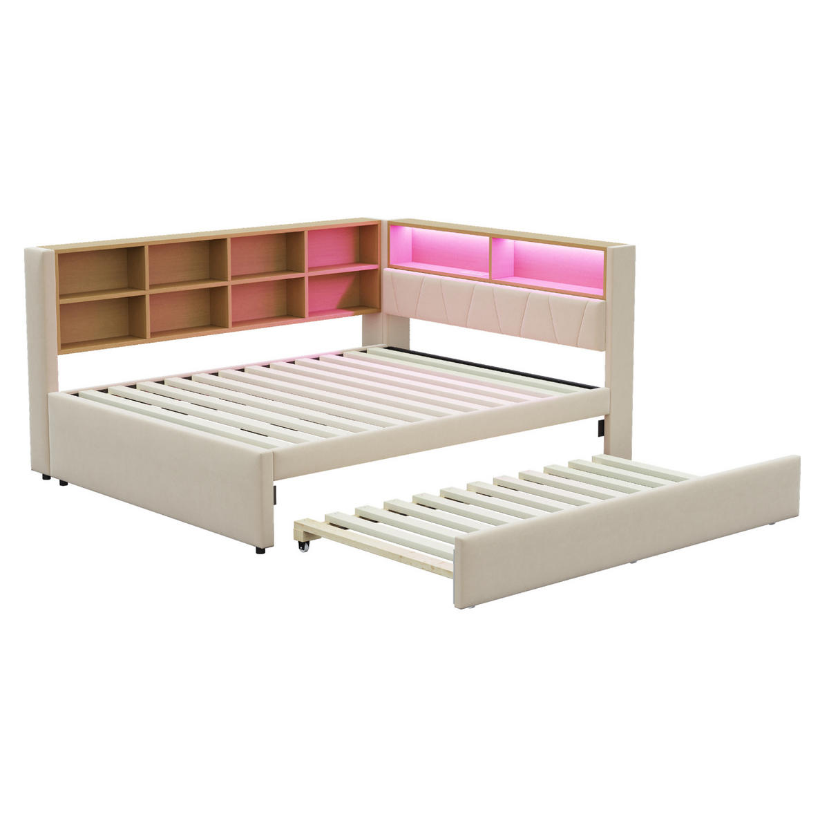 BETT mit Ausziehbett 140/200 cm & 90/190 cm mit LED-Beleuchtung und USB-Anschlüssen Flanell Beige - Beige, Textil (140/200cm) - OKWISH