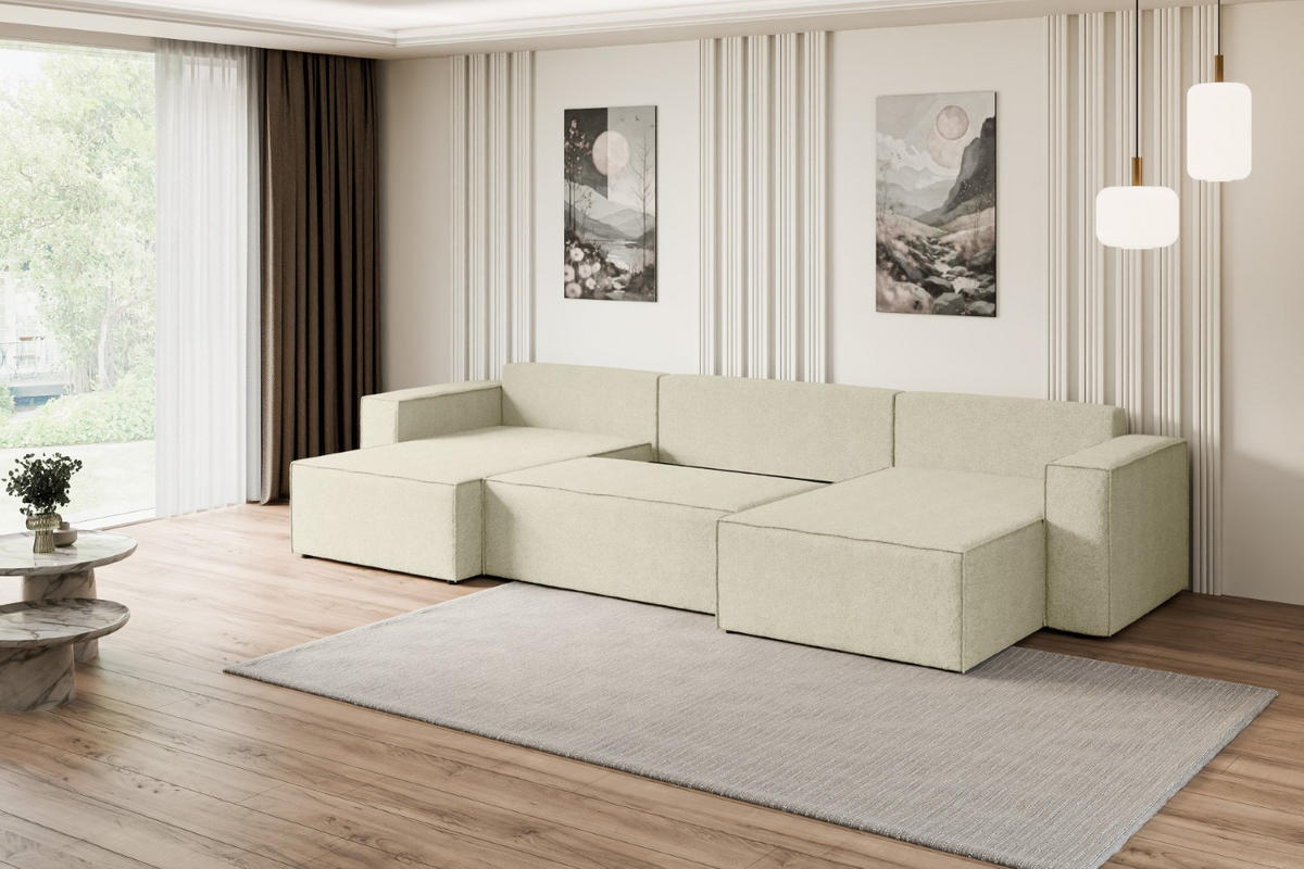 WOHNLANDSCHAFT mit Schlaffunktion und Bettkasten CELTIC-XLU - 377x143x83 cm Beige Bouclé - Beige/Schwarz, Holzwerkstoff/Kunststoff (377/83/143cm) - ALTDECOR