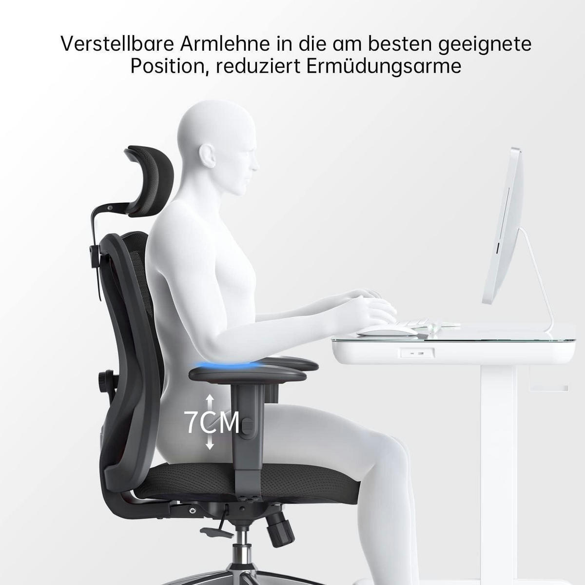ERGONOMISCHER Bürostuhl mit verstellbarer Lordosenstütze und Kopfstütze - Schwarz, Textil (53.3/27.9/69.9cm)