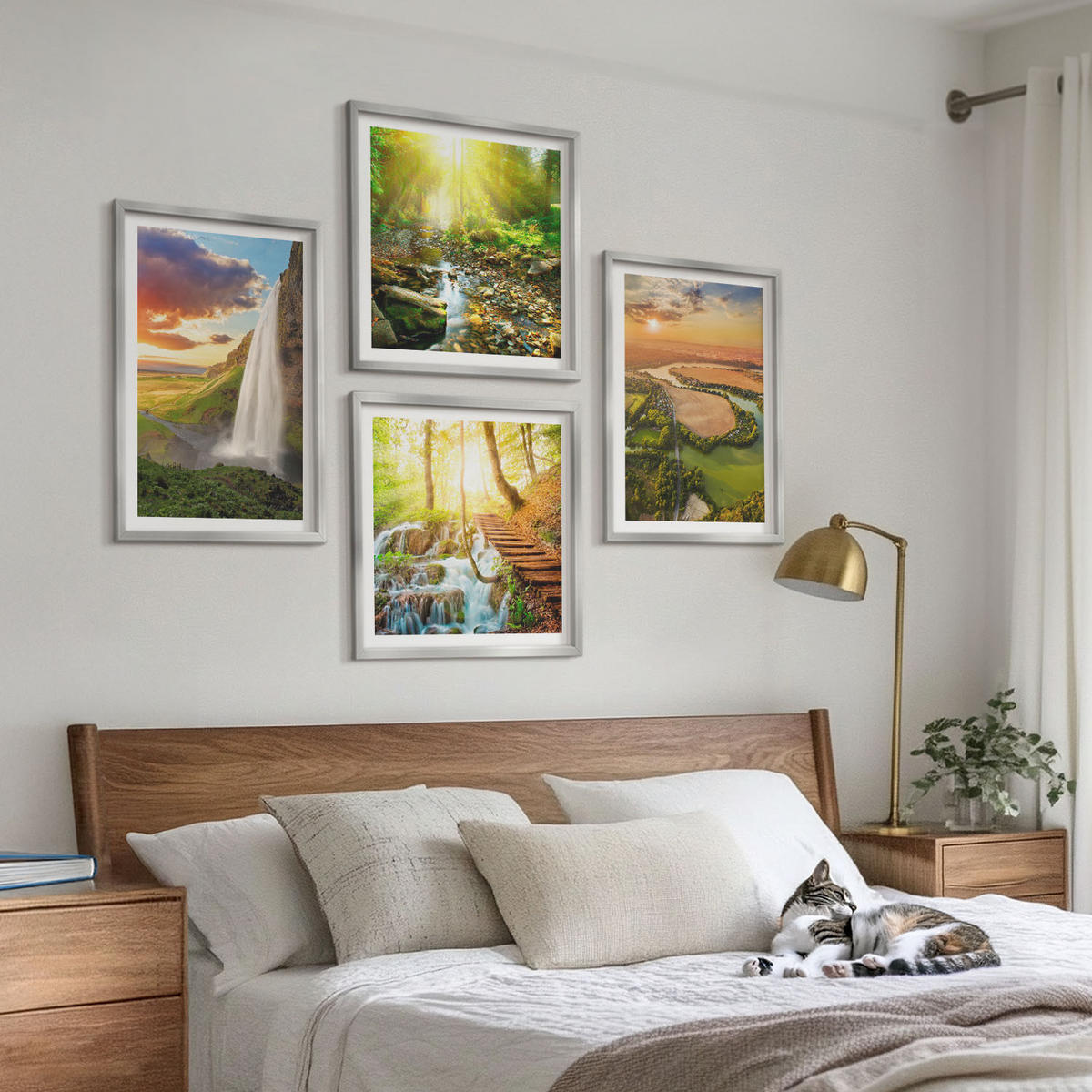 BILDER SET 4er Set - 50x50 cm & 40x60 cm Silberner Rahmen - Orange Mountain Wasserfall - Silberfarben, Kunststoff (50/50cm) - TULUP